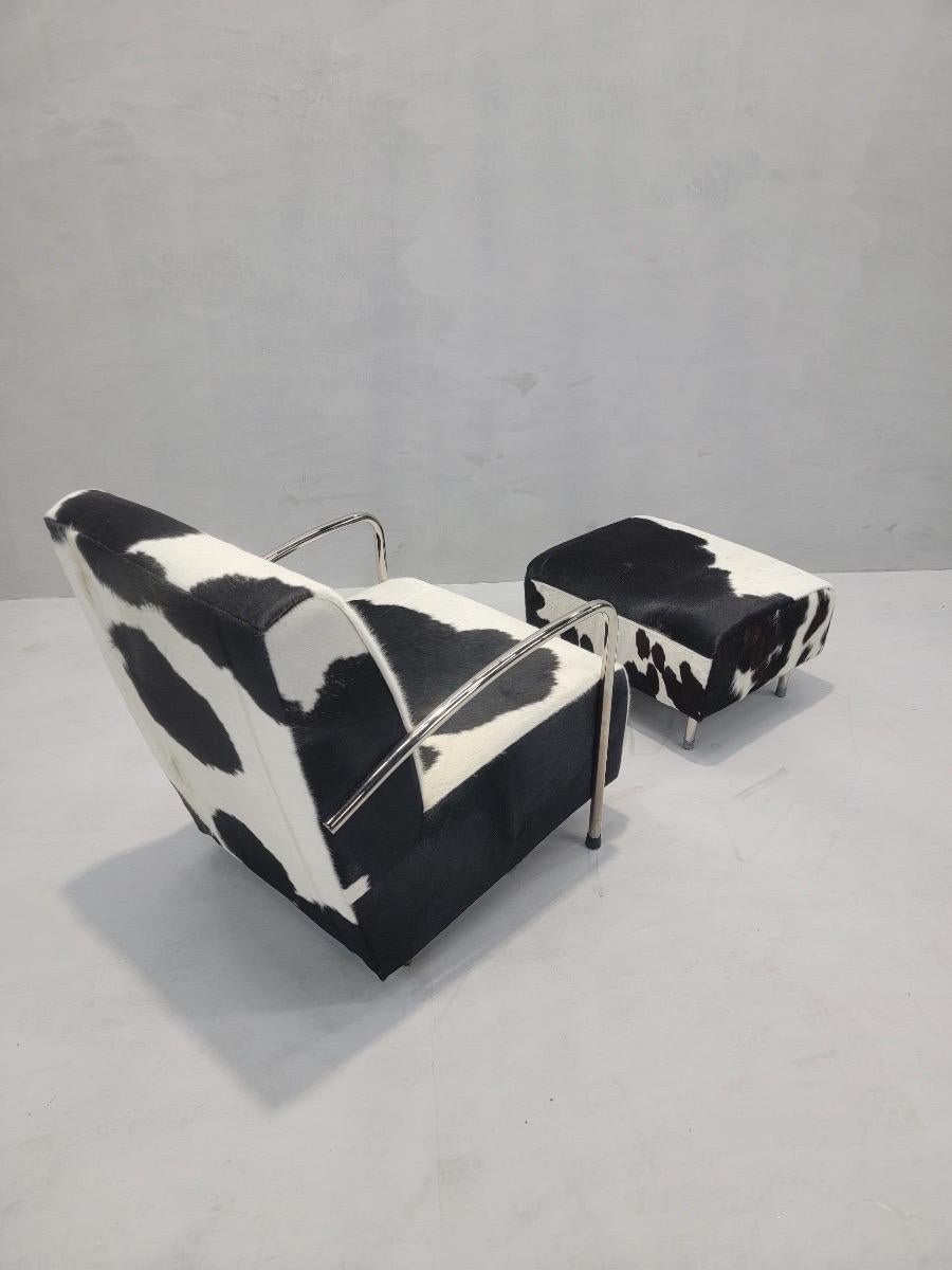 Art Deco Chrome Bar Lounge & Ottoman Set Newly Upholstered in Hair-On Cowhide For Sale 3