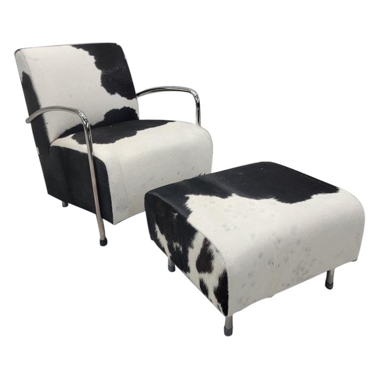 Art Deco Chrome Bar Lounge 
Ottoman Set Newly Upholstered in Hair-On Cowhide
