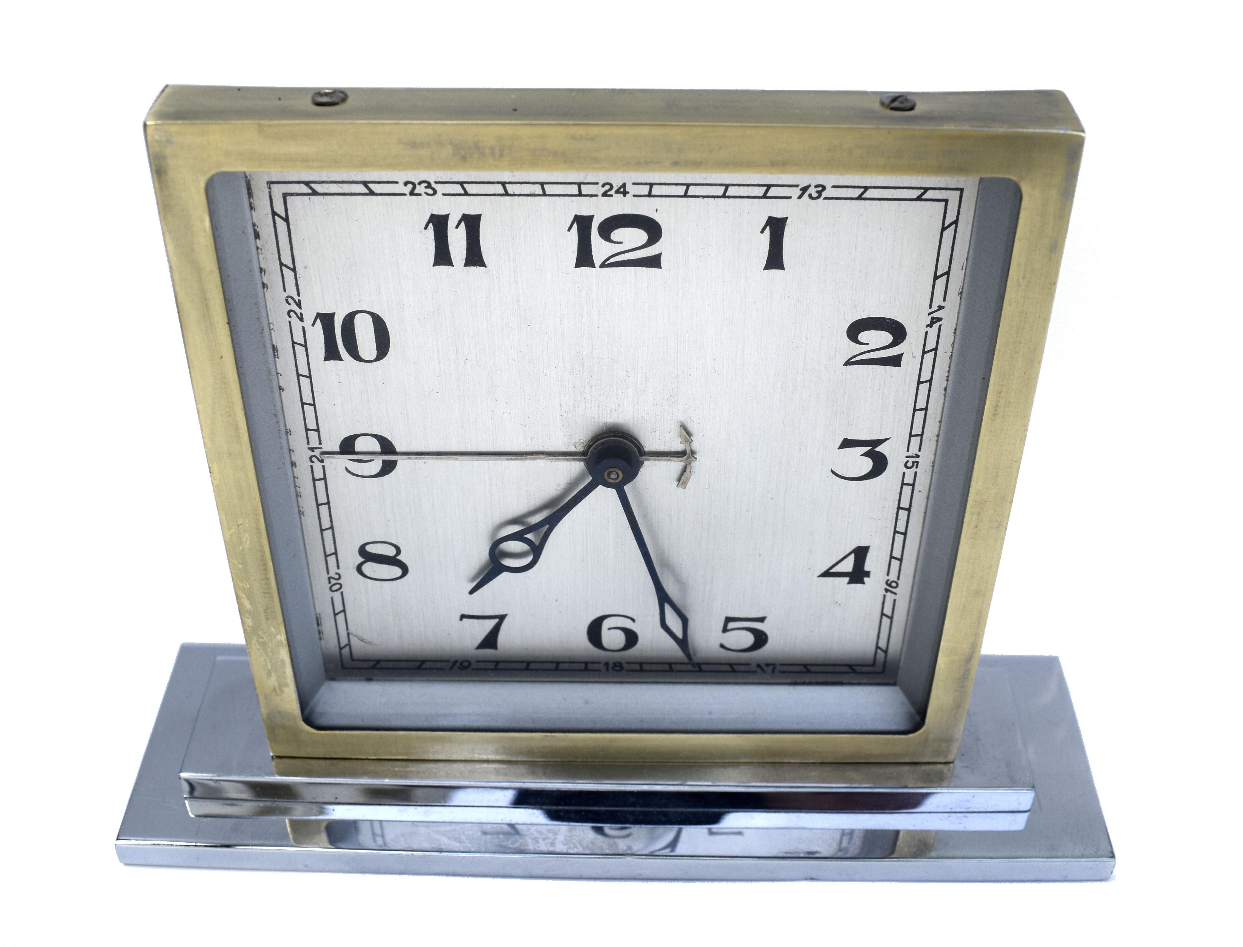 Free standing Chrome Art Deco table/ desk clock. Wind up manual 30 hr movement which has been serviced and so comes to you in good working condition. Cosmetically It's in very good vintage condition for its 90 odd years, the chrome is as bright and
