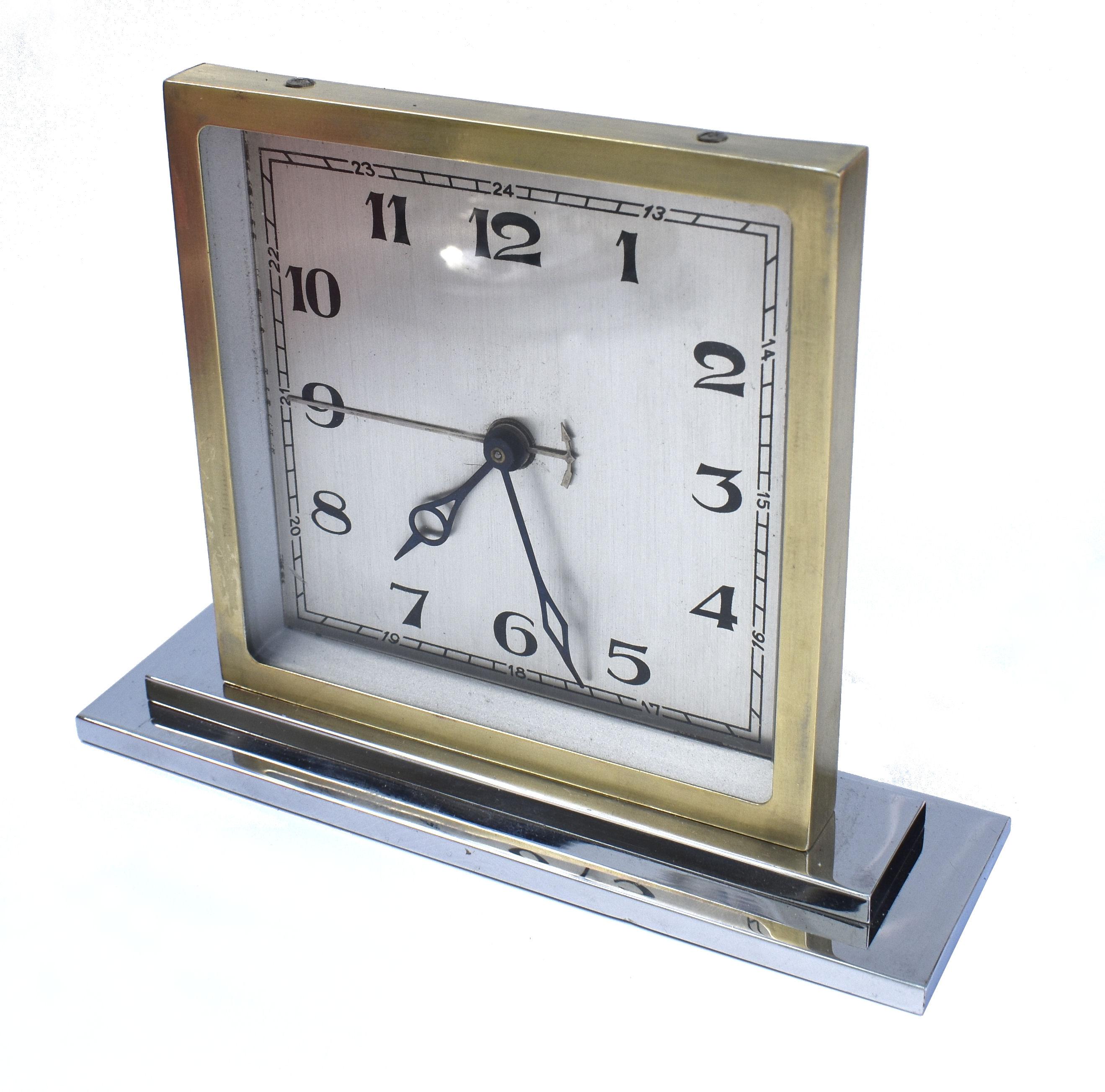 20th Century Art Deco Chrome & Brass Free Standing Clock, English, circa 1930 For Sale