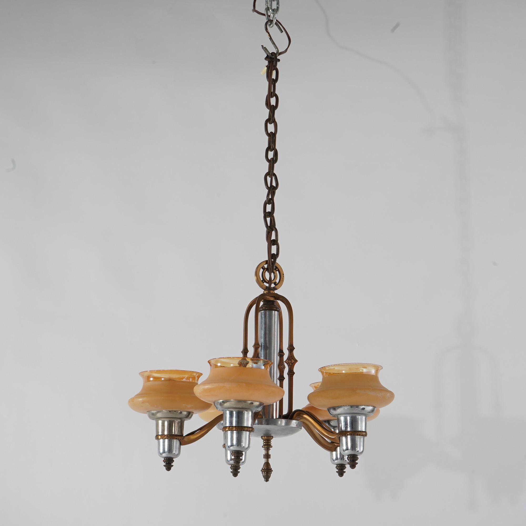 American Art Deco Chrome & Bronzed Metal Chandelier with Amber Glass Shades C1920 For Sale