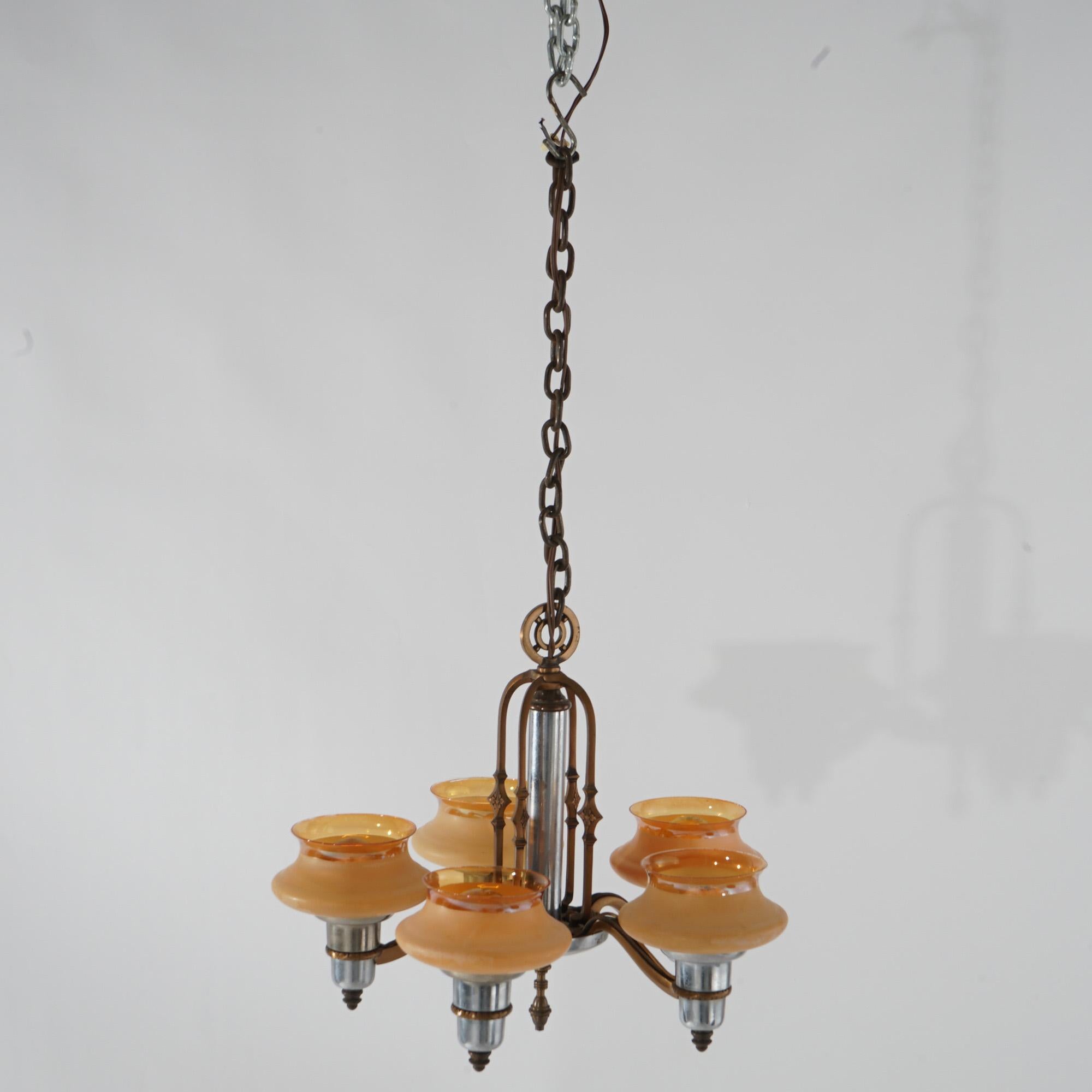 Art Deco Chrome & Bronzed Metal Chandelier with Amber Glass Shades C1920 In Good Condition For Sale In Big Flats, NY
