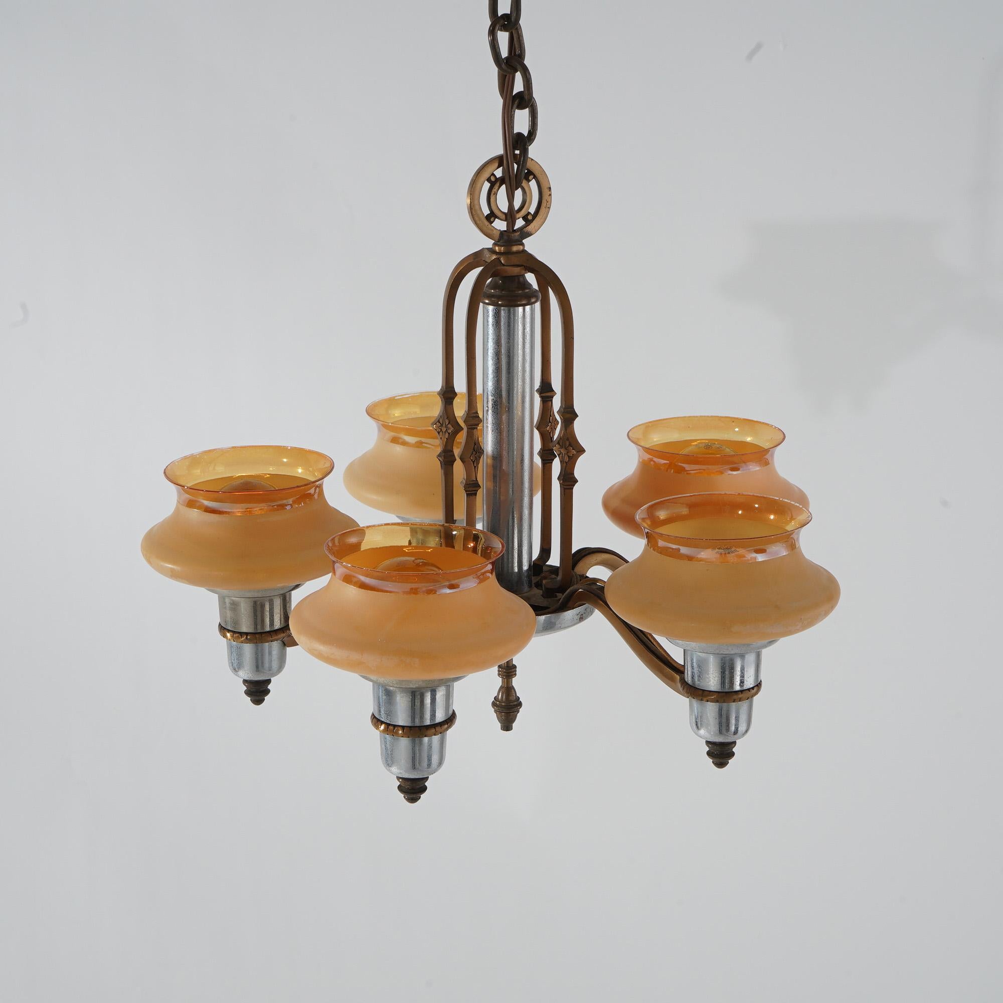 20th Century Art Deco Chrome & Bronzed Metal Chandelier with Amber Glass Shades C1920 For Sale