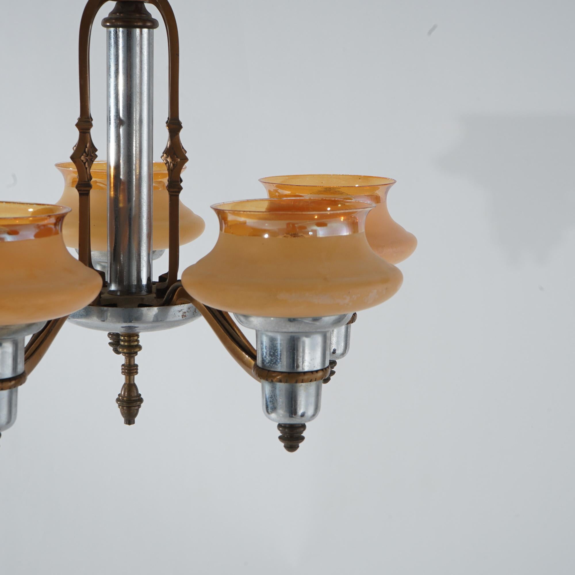 Art Deco Chrome & Bronzed Metal Chandelier with Amber Glass Shades C1920 For Sale 1