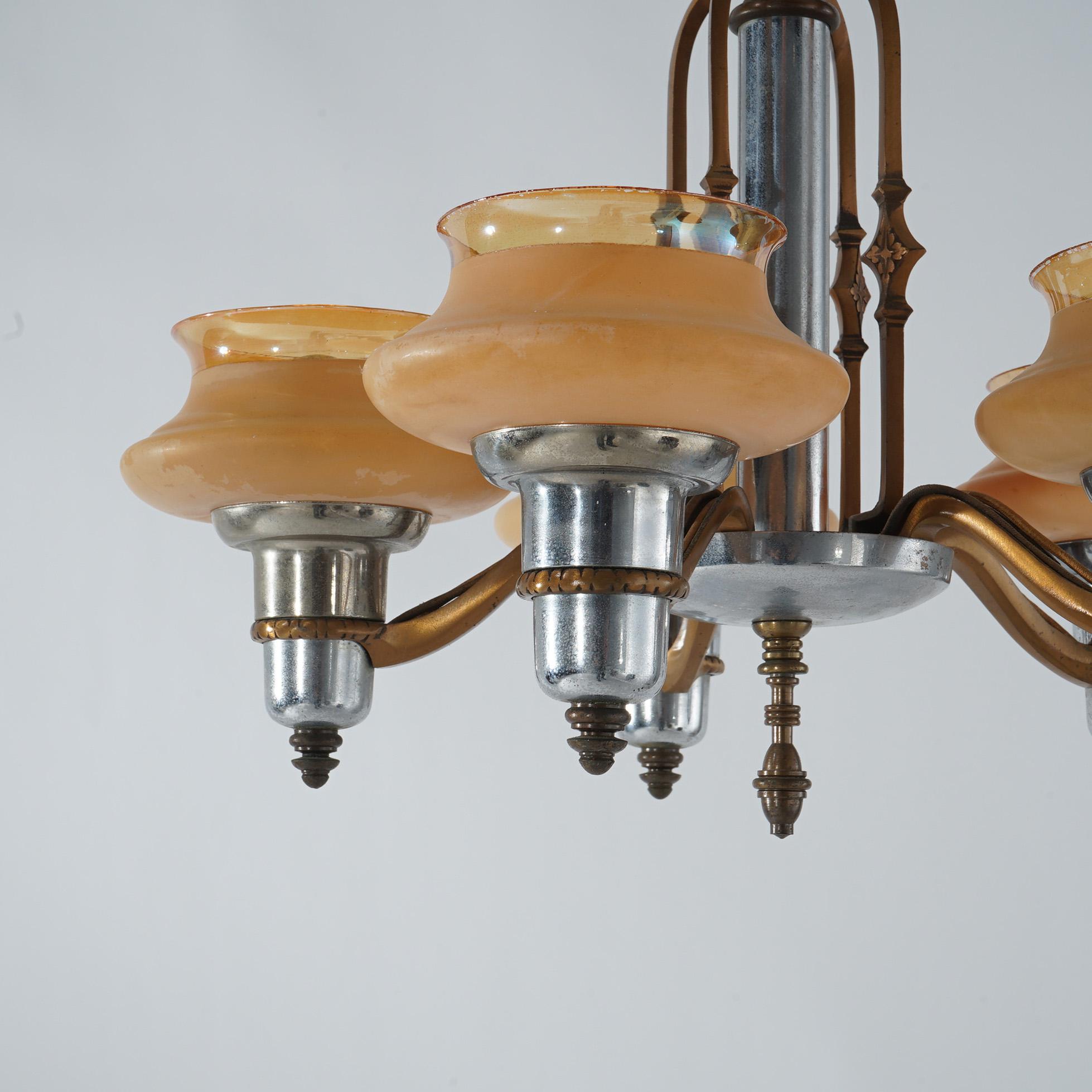 Art Deco Chrome & Bronzed Metal Chandelier with Amber Glass Shades C1920 For Sale 2