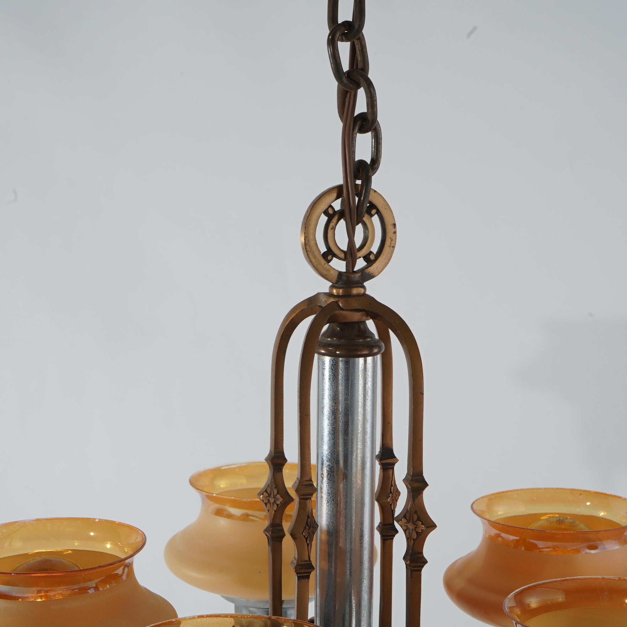 Art Deco Chrome & Bronzed Metal Chandelier with Amber Glass Shades C1920 For Sale 3