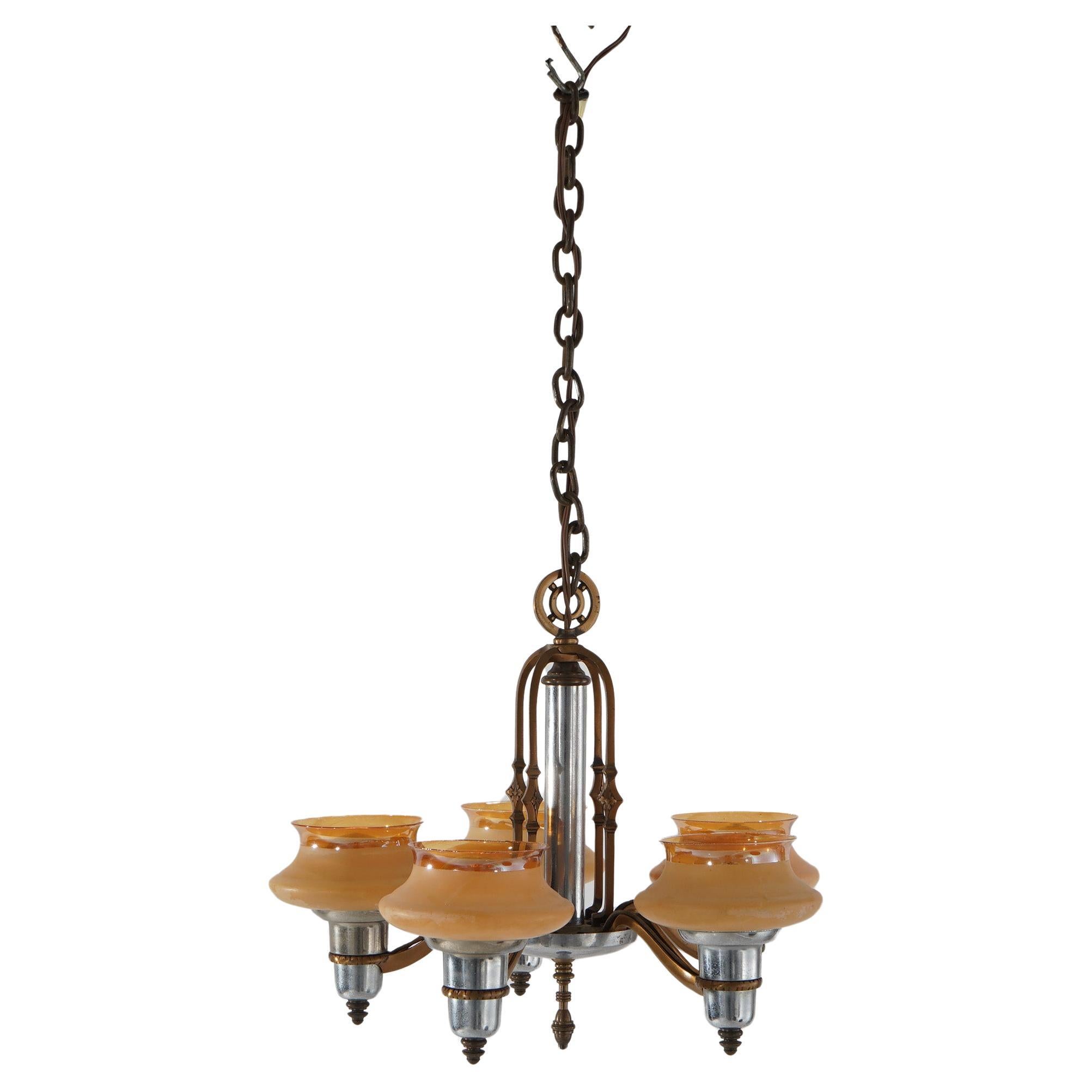 Art Deco Chrome & Bronzed Metal Chandelier with Amber Glass Shades C1920 For Sale