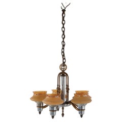 Art Deco Chrome & Bronzed Metal Chandelier with Amber Glass Shades C1920