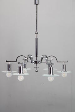 Art Deco Chrome Chandelier with 6 Sandblasted Glass Discs, Czechoslovakia 1930s