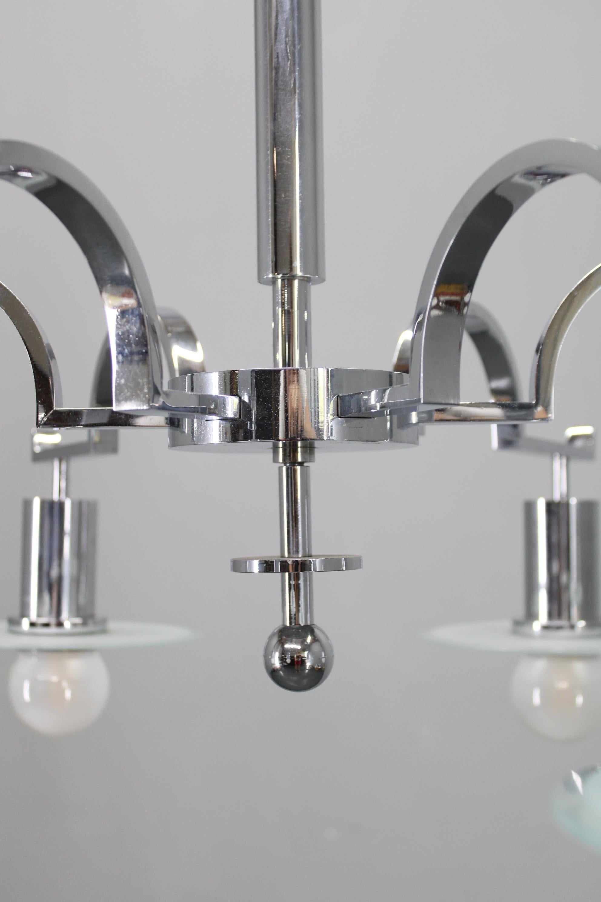 Lucidato Art Deco Chrome Chandelier with 6 Sandblasted Glass Discs, Czechoslovakia 1930s in vendita