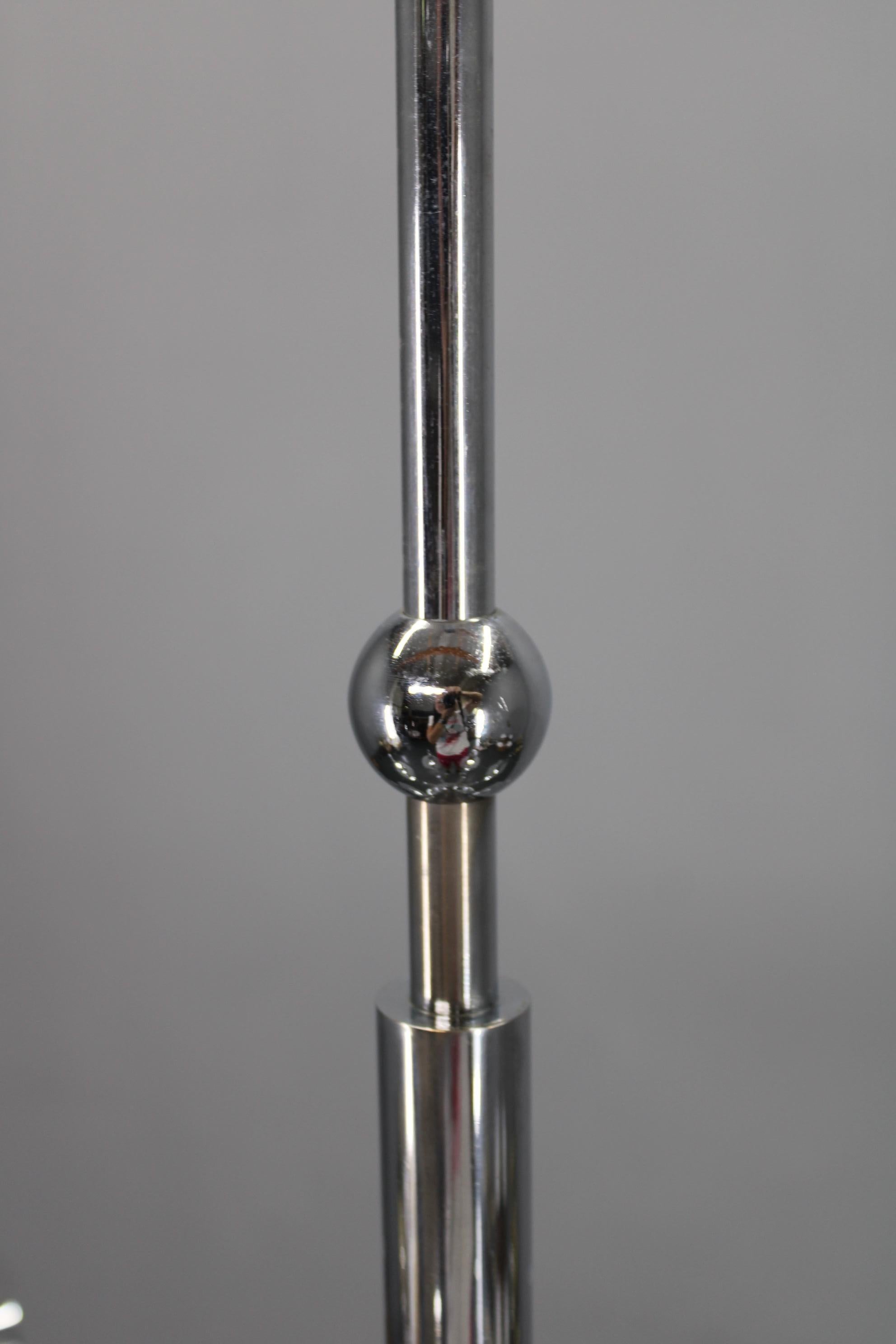 Metà XX secolo Art Deco Chrome Chandelier with 6 Sandblasted Glass Discs, Czechoslovakia 1930s in vendita