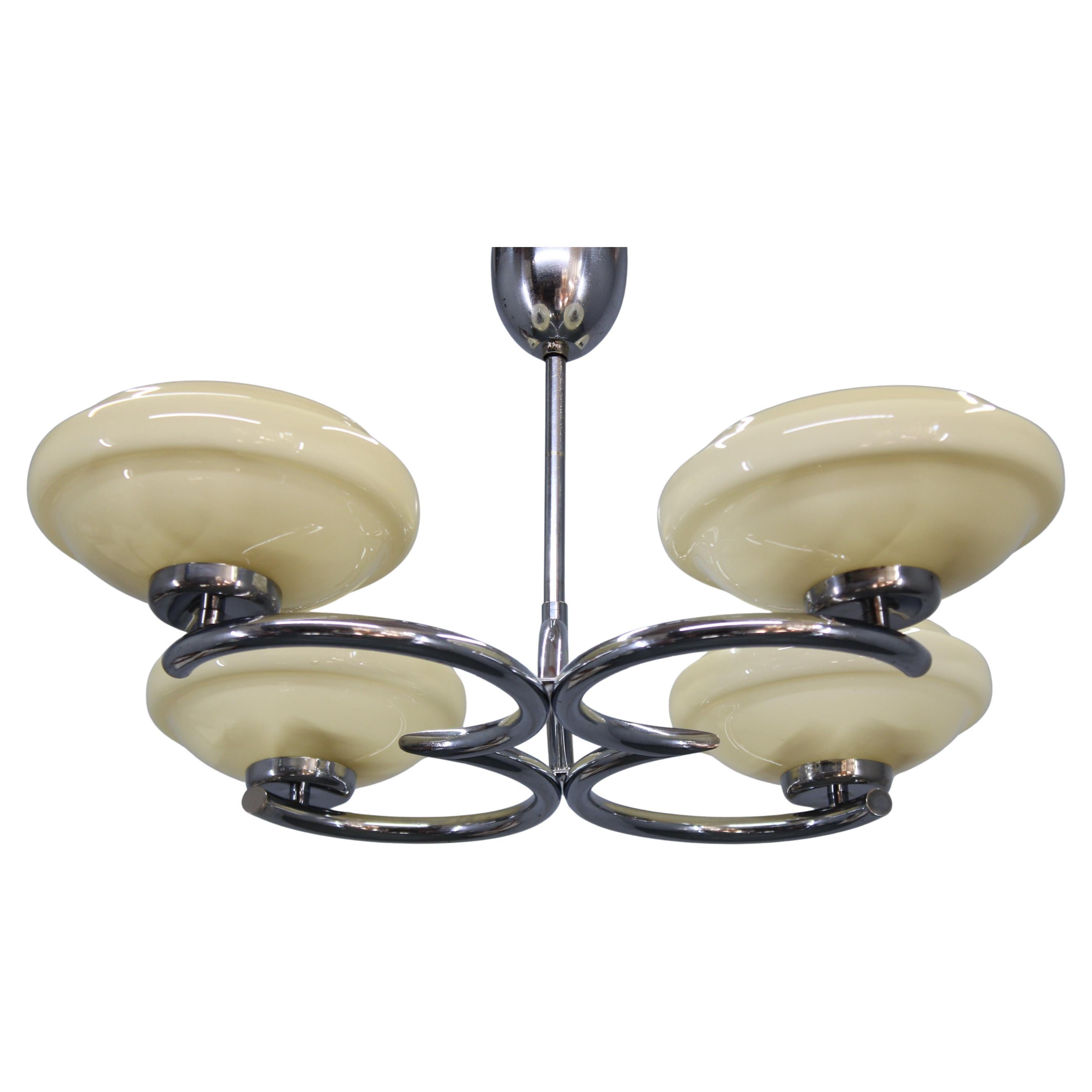 Art Deco Chrome Chandelier with Cream Opaline Shades, Czechoslovakia, 1940s