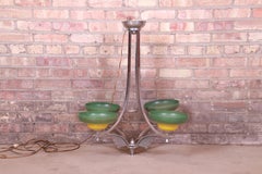 Art Deco Chrome Chandelier with Painted Blown Glass Shades, Circa 1930s
