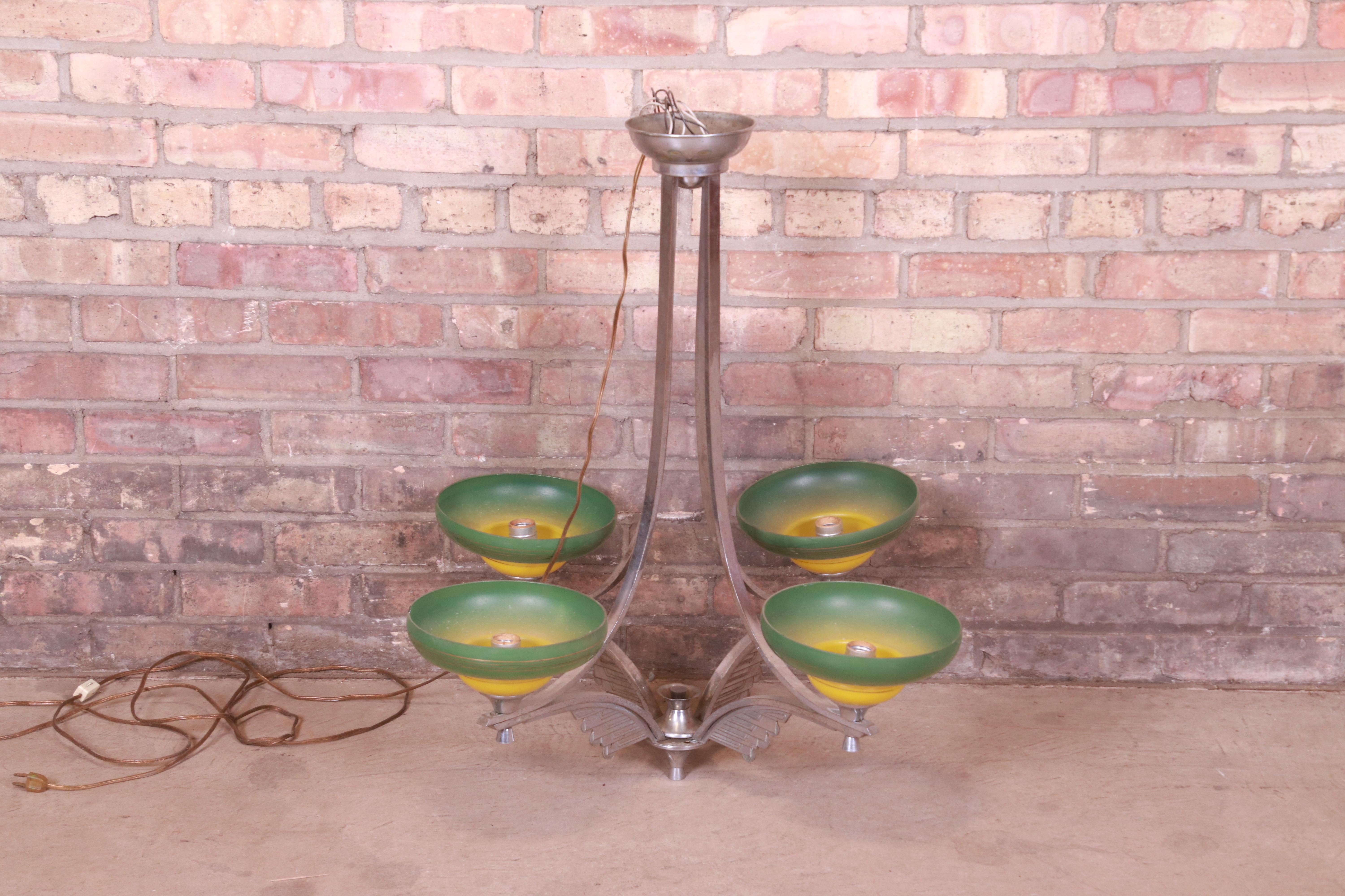 American Art Deco Chrome Chandelier with Painted Blown Glass Shades, Circa 1930s For Sale