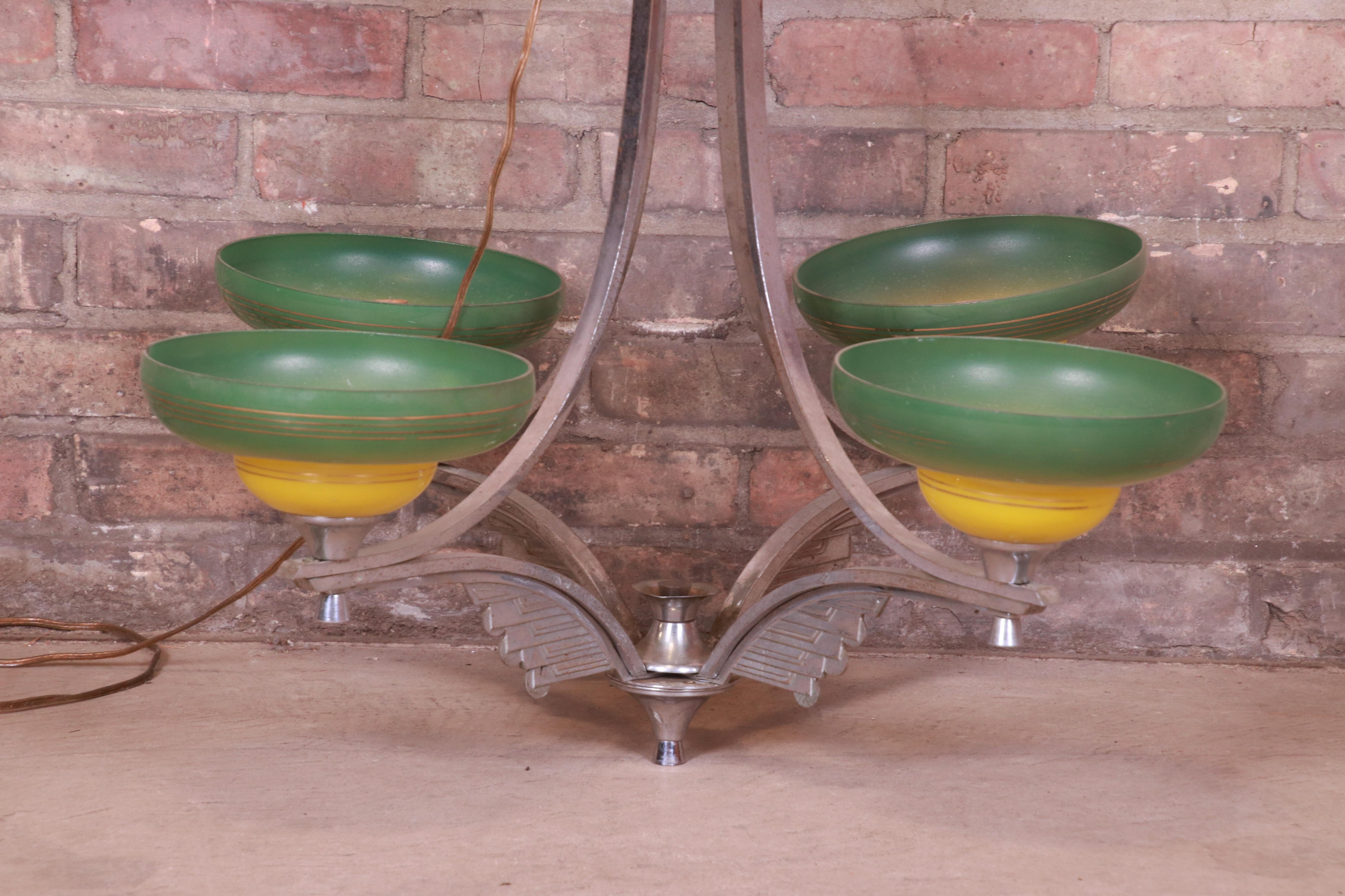 Art Deco Chrome Chandelier with Painted Blown Glass Shades, Circa 1930s In Good Condition For Sale In South Bend, IN