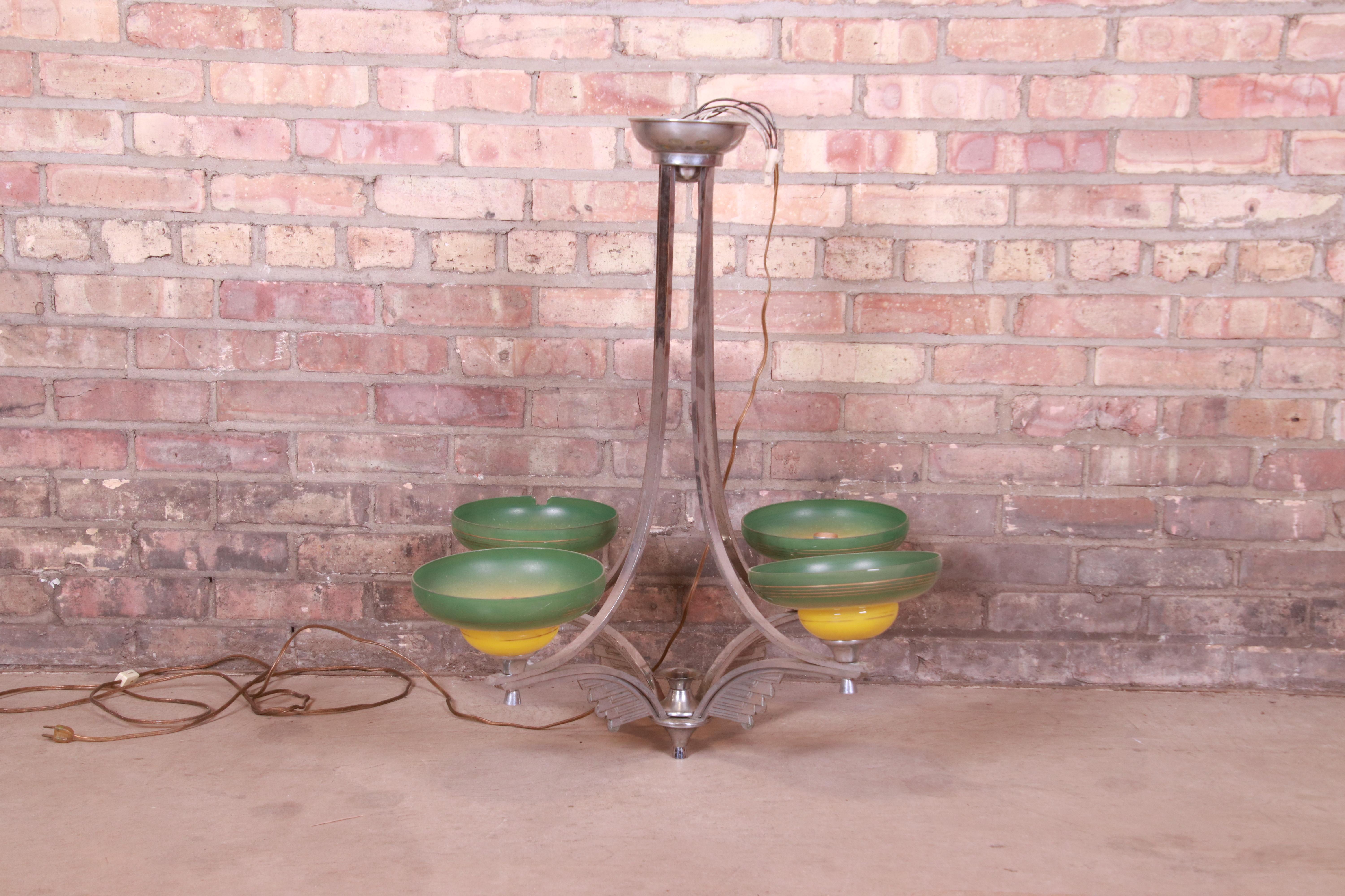 Mid-20th Century Art Deco Chrome Chandelier with Painted Blown Glass Shades, Circa 1930s For Sale