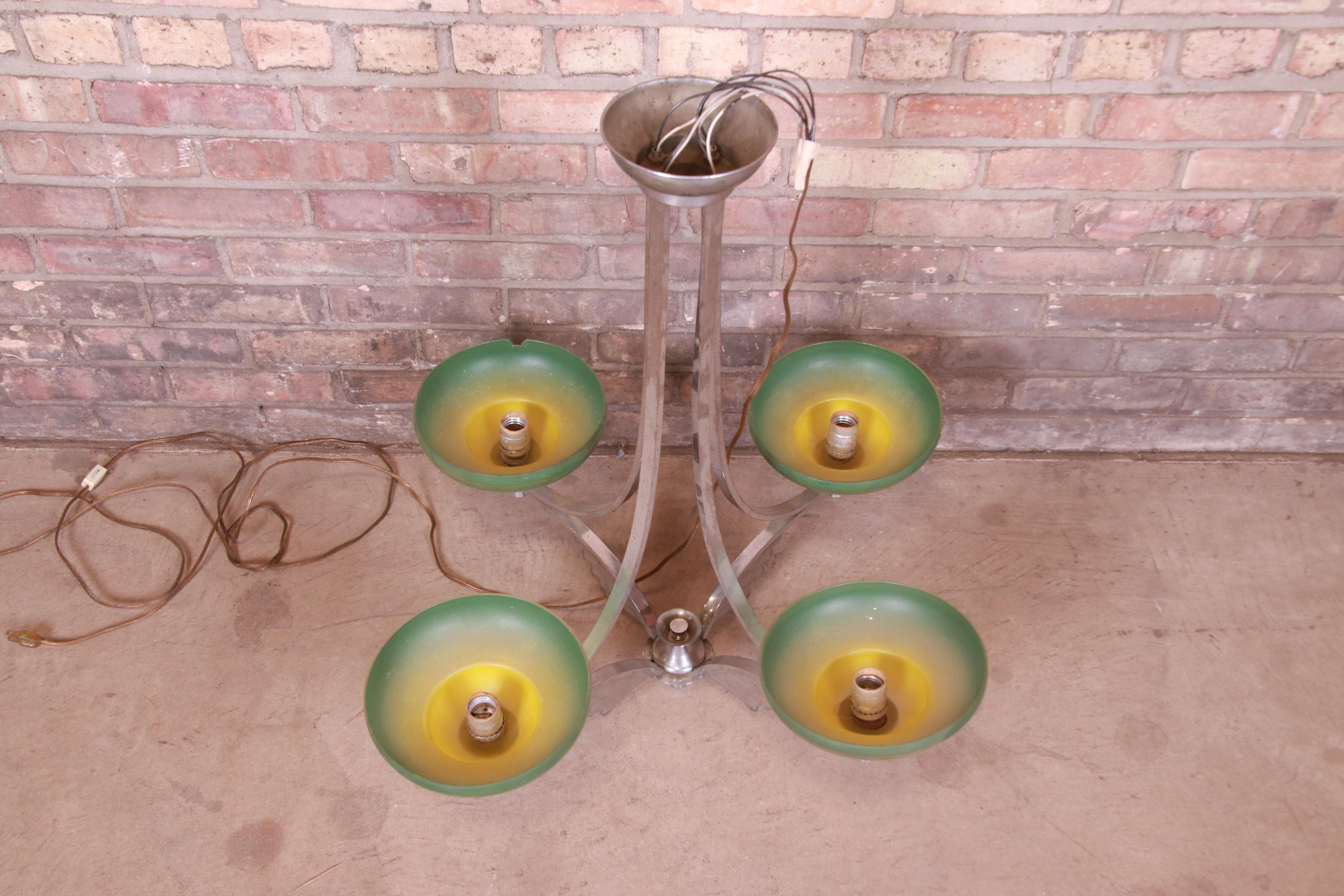 Art Deco Chrome Chandelier with Painted Blown Glass Shades, Circa 1930s For Sale 3