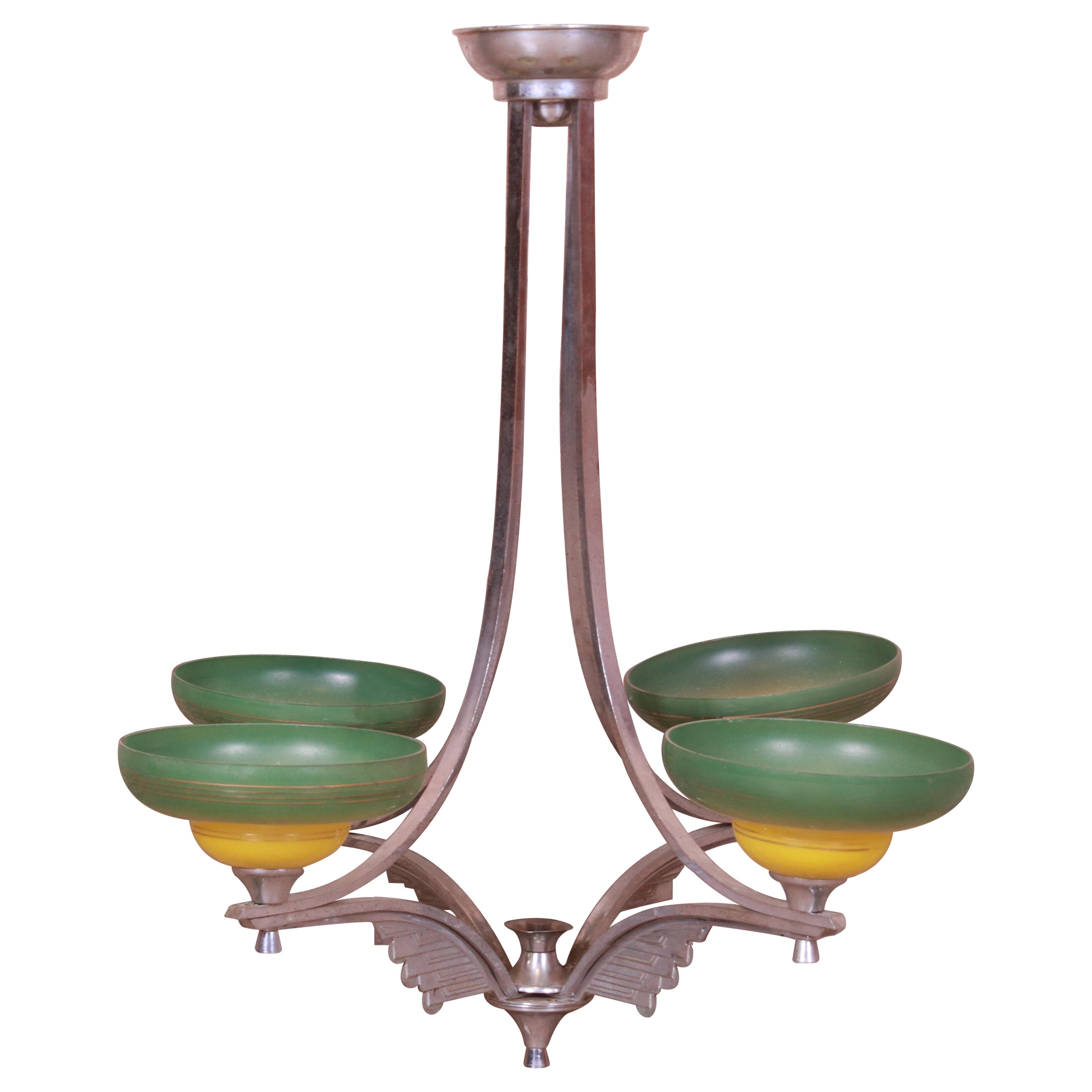 Lampadario Art Deco cromato con paralumi in vetro soffiato dipinto, circa anni '30 in vendita