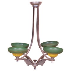 Lampadario Art Deco cromato con paralumi in vetro soffiato dipinto, circa anni '30