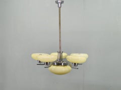 Art Deco Chrome Chandelier with Six Opaline Glass Shades, 1930s