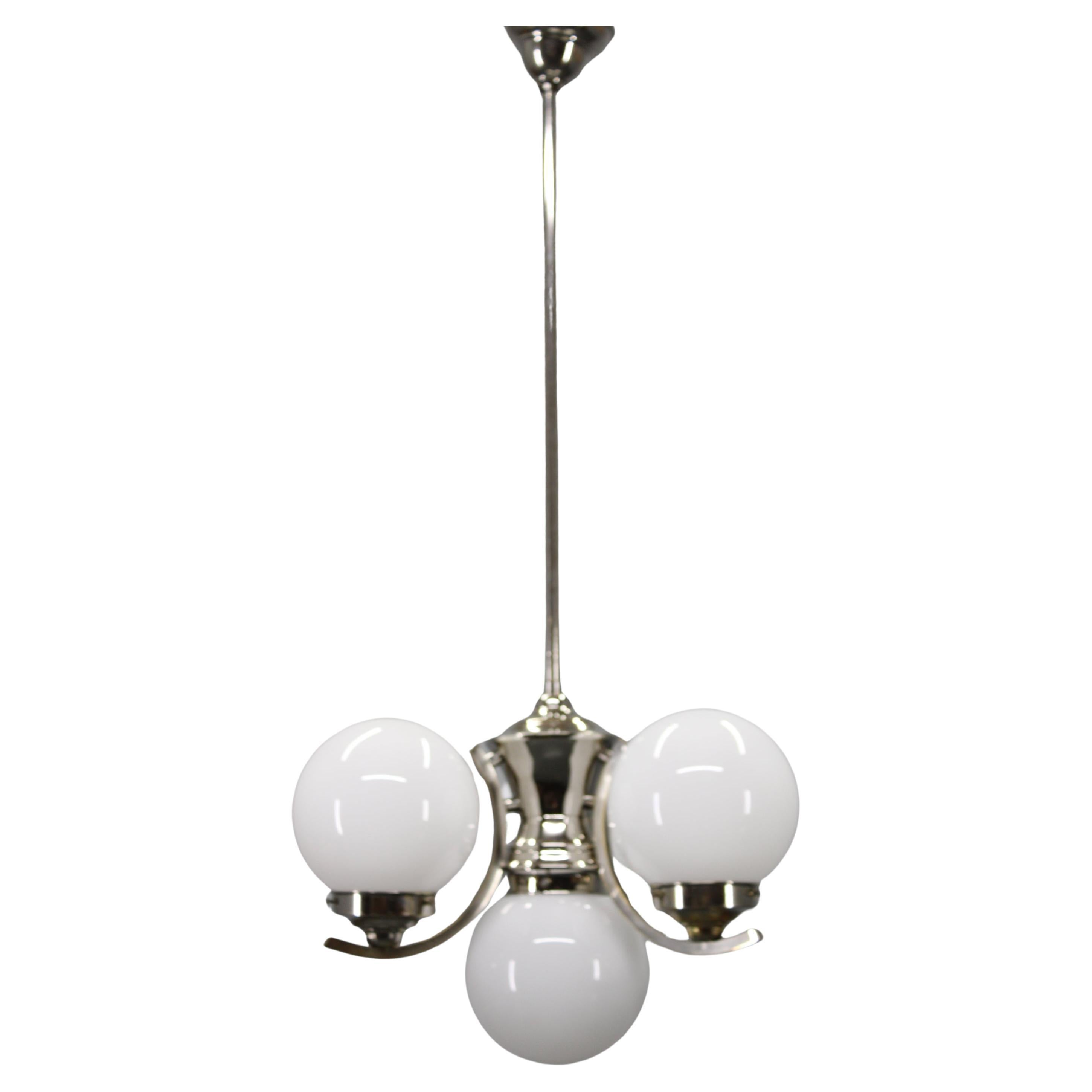Art Deco Chrome Chandelier with White Globe Shades, 1930s