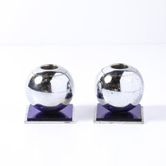 Art Deco Chrome & Cobalt Blue Glass Candleholders by Walter Von Nessen for Chase