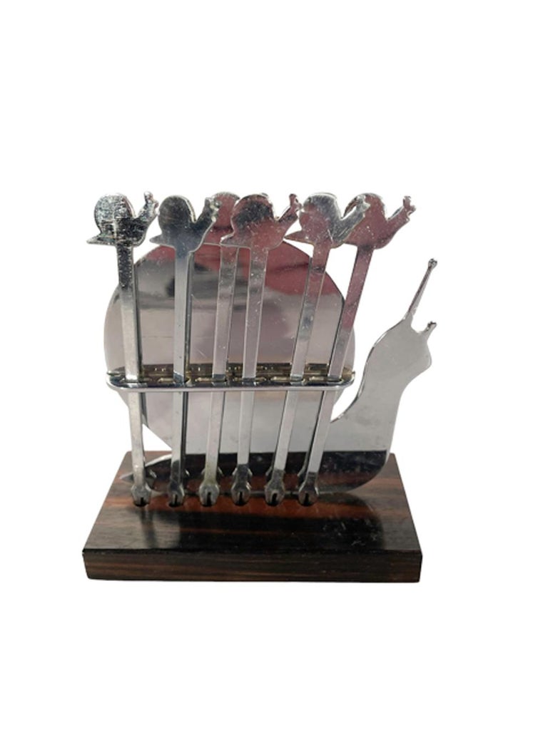 Art Deco Chrome Cocktail Picks and Stand, Snail Form Holder w/Snail
