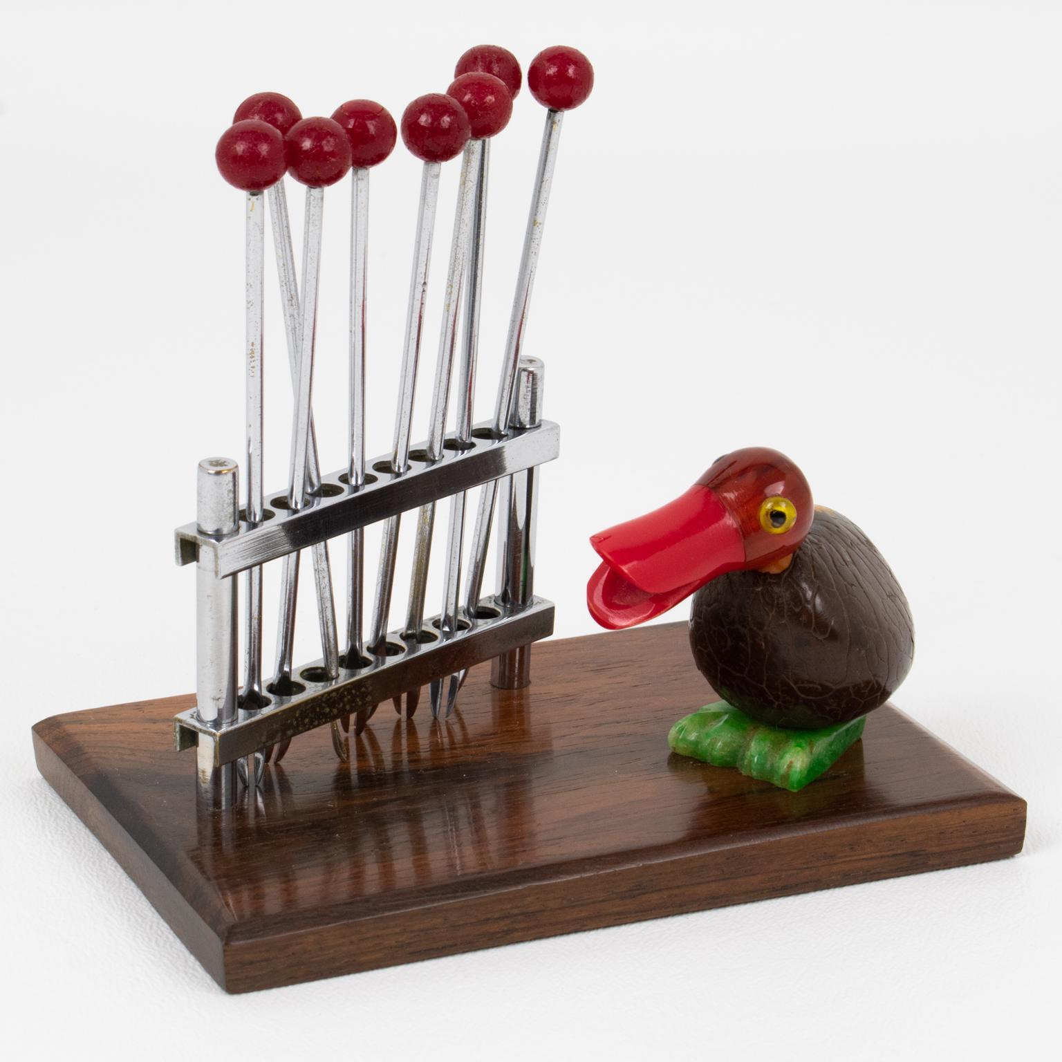 French Art Deco Chrome Cocktail Picks with Bakelite and Corozo Nut Bird, circa 1930 For Sale