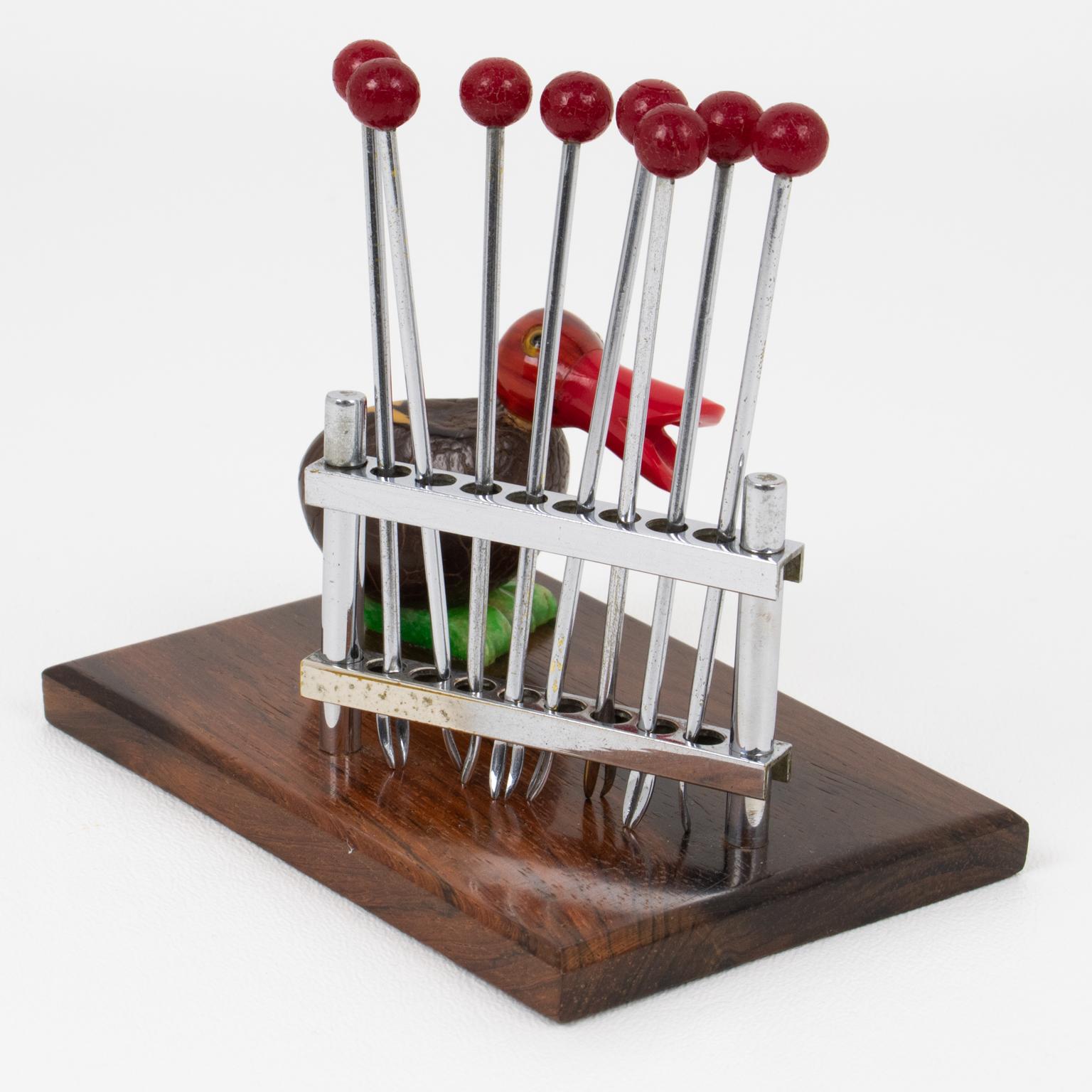Art Deco Chrome Cocktail Picks with Bakelite and Corozo Nut Bird, circa 1930 In Good Condition For Sale In Atlanta, GA