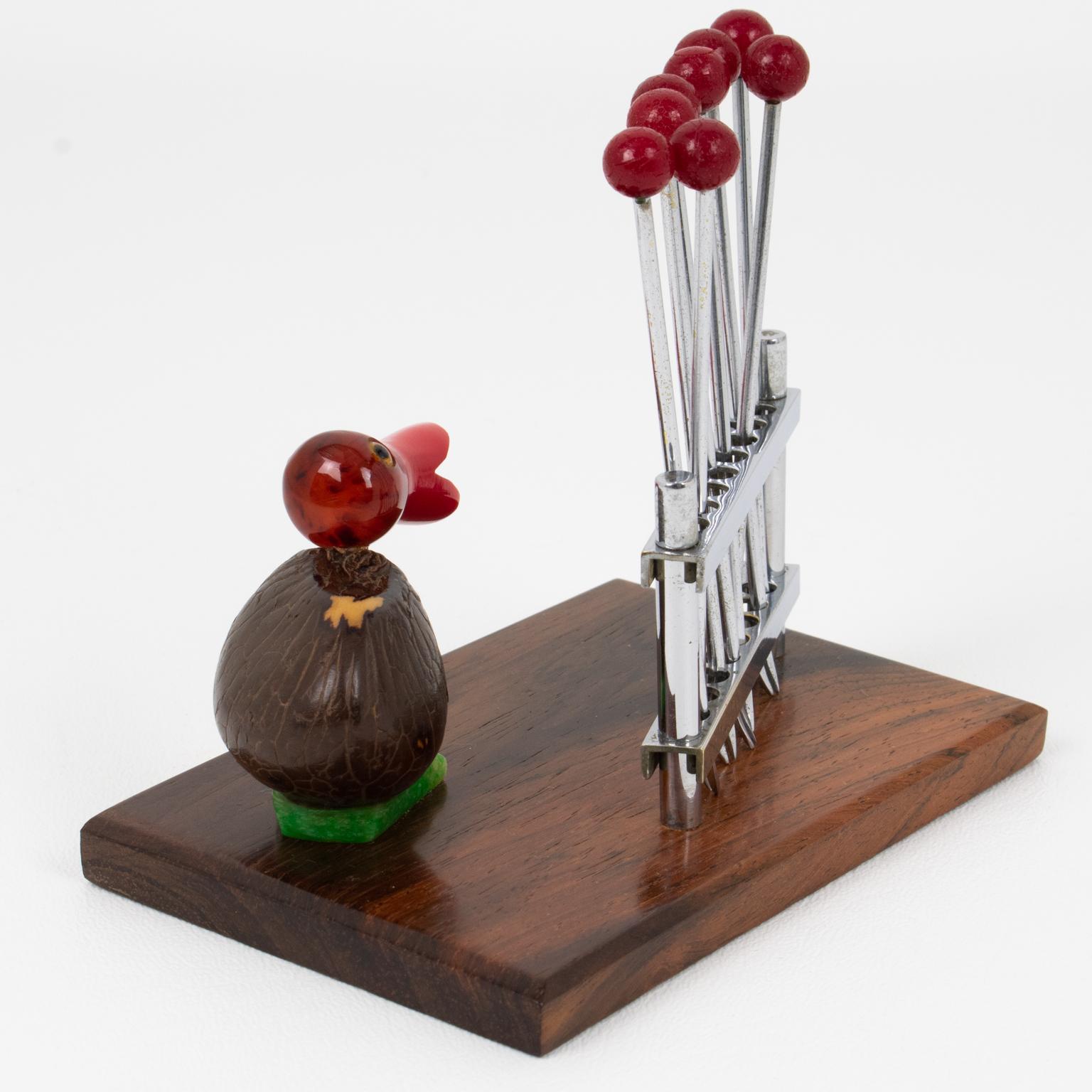 Mid-20th Century Art Deco Chrome Cocktail Picks with Bakelite and Corozo Nut Bird, circa 1930 For Sale