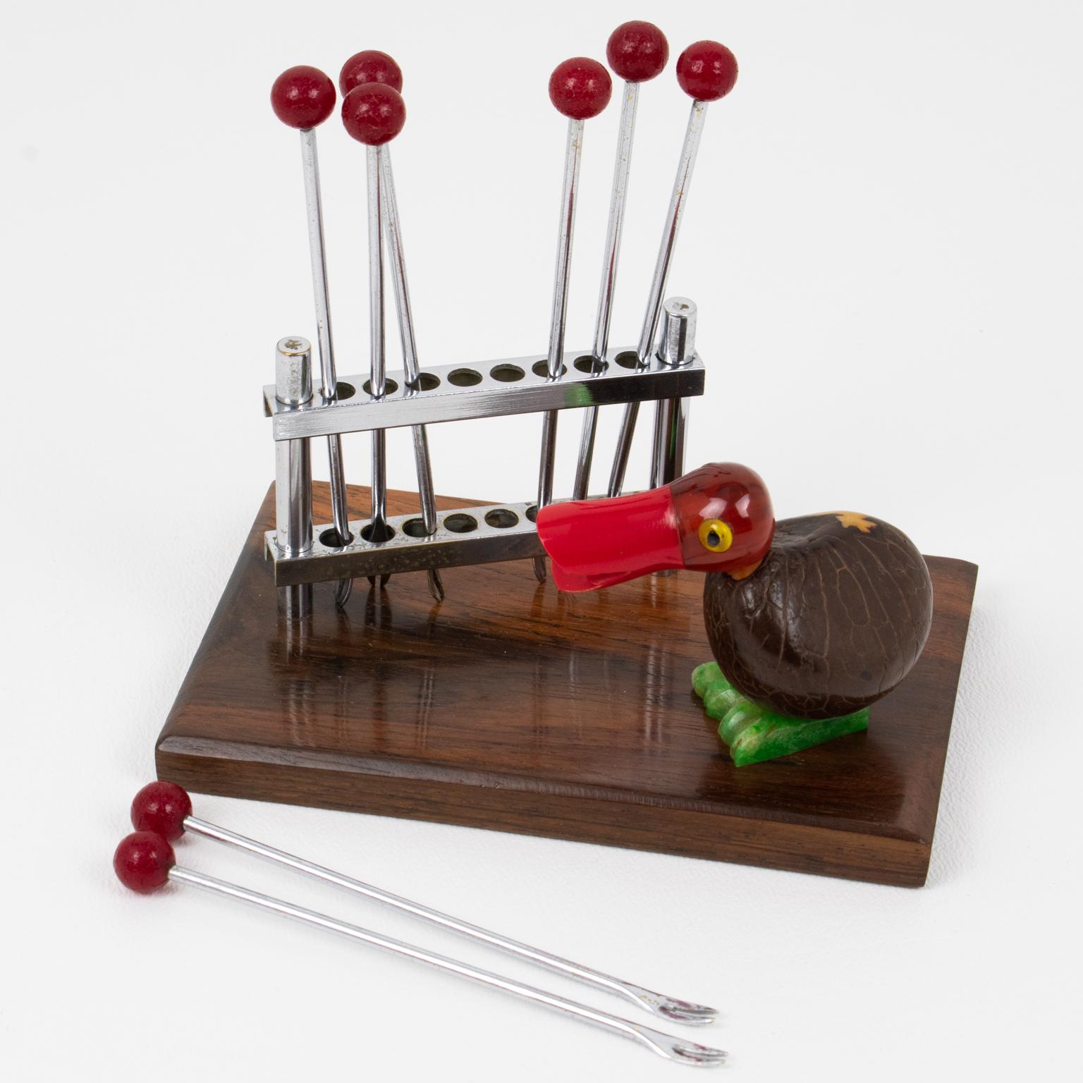 Metal Art Deco Chrome Cocktail Picks with Bakelite and Corozo Nut Bird, circa 1930 For Sale