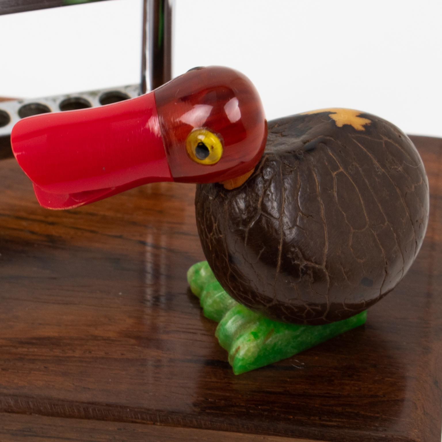 Art Deco Chrome Cocktail Picks with Bakelite and Corozo Nut Bird, circa 1930 For Sale 2