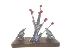 Art Deco, Chrome Cocktail Picks with Red Berry Tops in a Tree-Trunk with Birds
