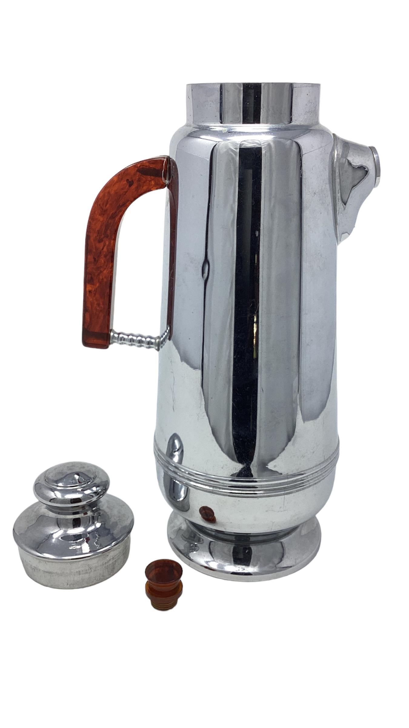 Art Deco Chrome Cocktail Shaker with Brown Bakelite Handle and Spout Cover.