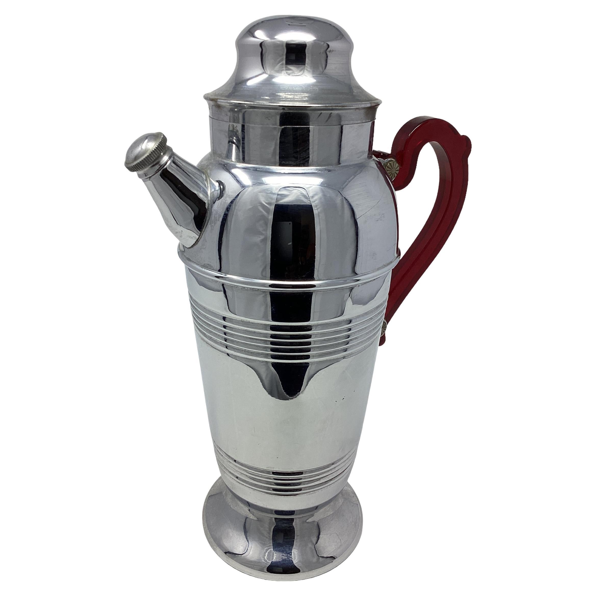 Art Deco Chrome Cocktail Shaker with Red Bakelite Handle For Sale