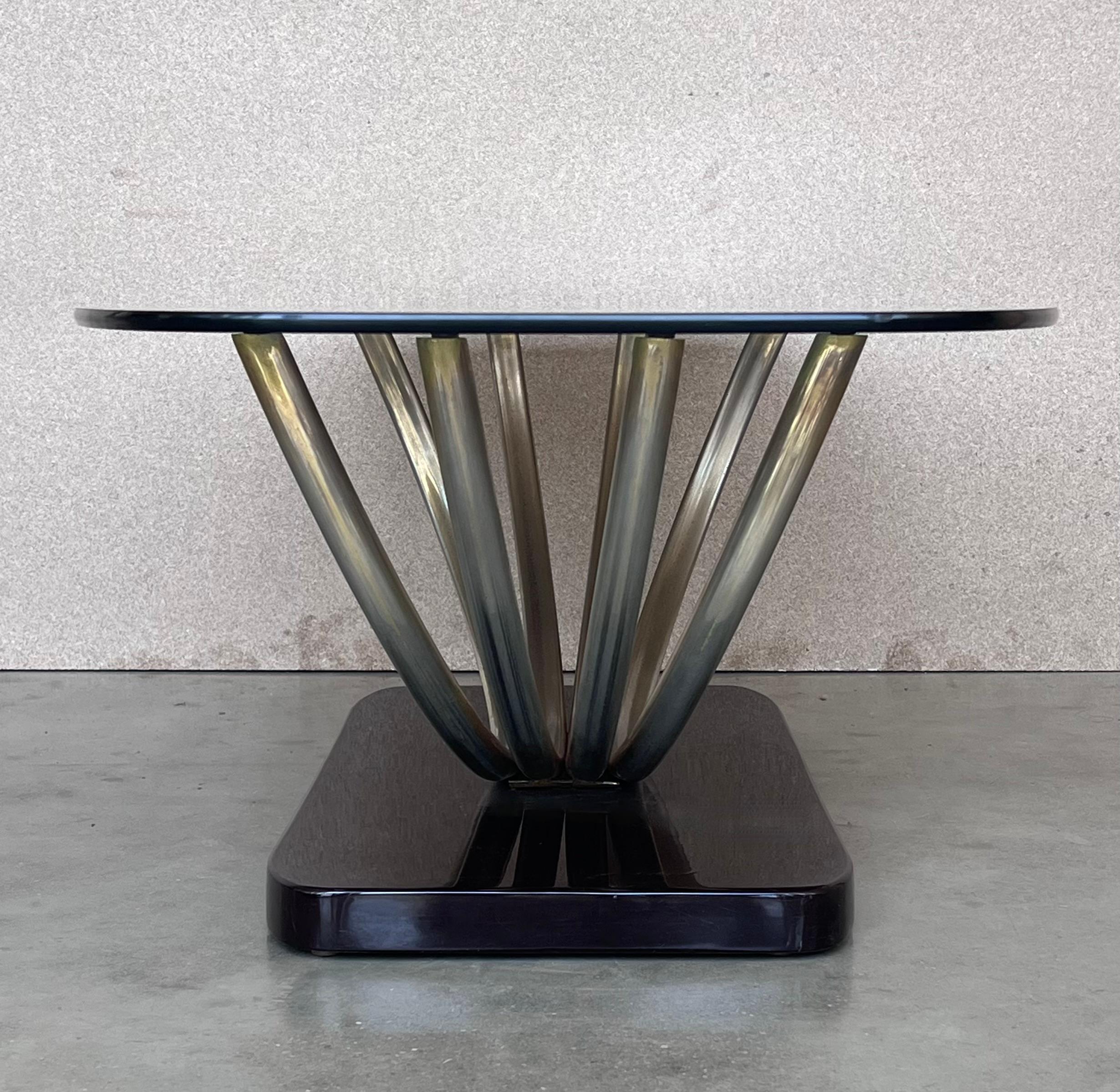 Art Decó Chrome Coffee Table with Fumé Glass Top and Ebonized Base For Sale 3