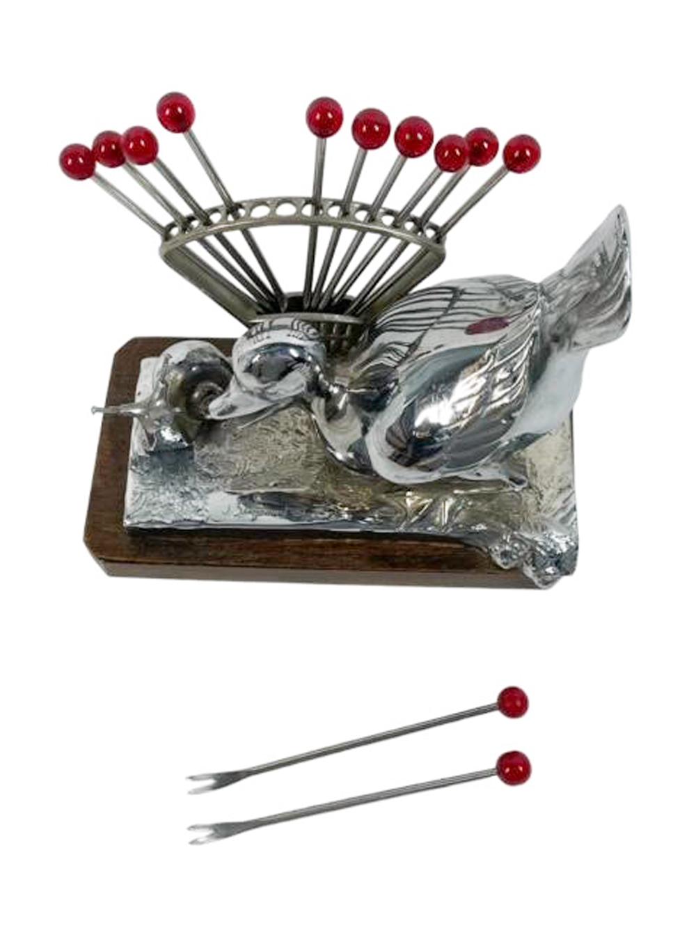French Art Deco Chrome Duck and Snail Cocktail Pick Stand and Picks by Benjamin Rabier For Sale