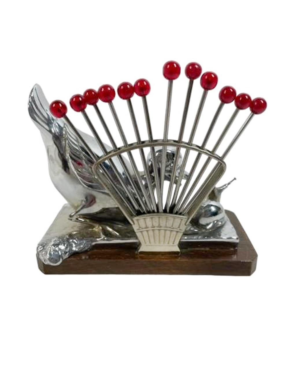 20th Century Art Deco Chrome Duck and Snail Cocktail Pick Stand and Picks by Benjamin Rabier For Sale