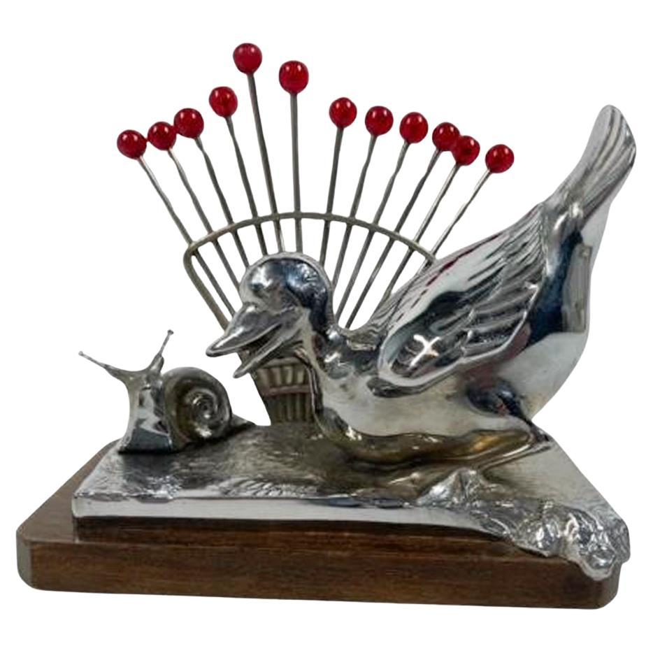 Art Deco Chrome Duck and Snail Cocktail Pick Stand and Picks by Benjamin Rabier For Sale