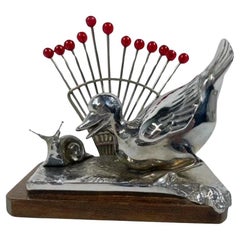 Antique Art Deco Chrome Duck and Snail Cocktail Pick Stand and Picks by Benjamin Rabier