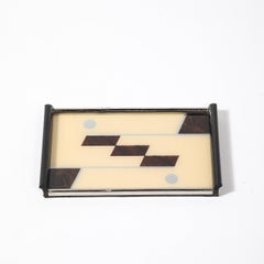 Art Deco Chrome & Eglomise Tray in Cream & Umber with Silvered Linear Detailing