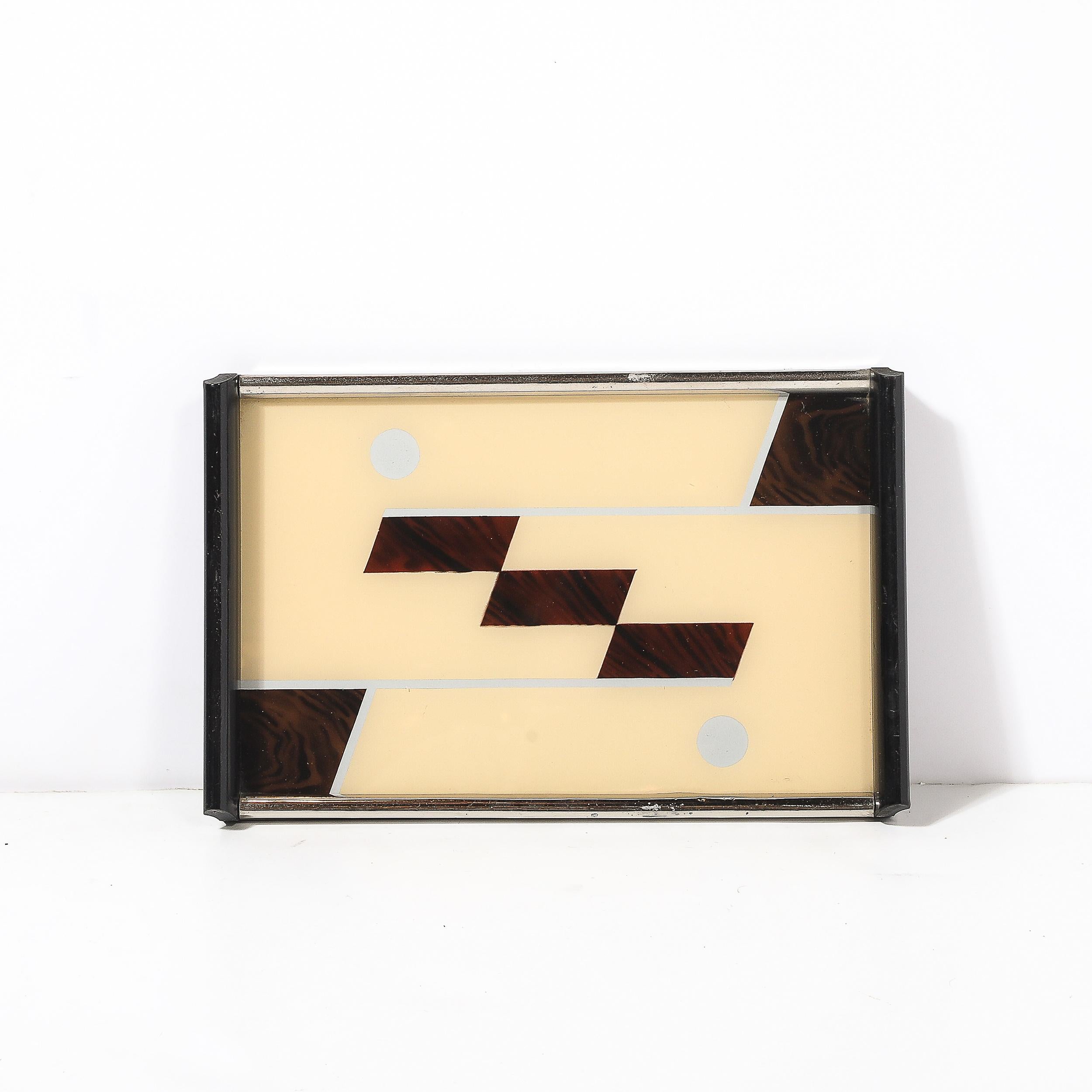 Plateau Art Déco en chrome et églomisé, crème et ambre, avec détails linéaires argentés en vente 1