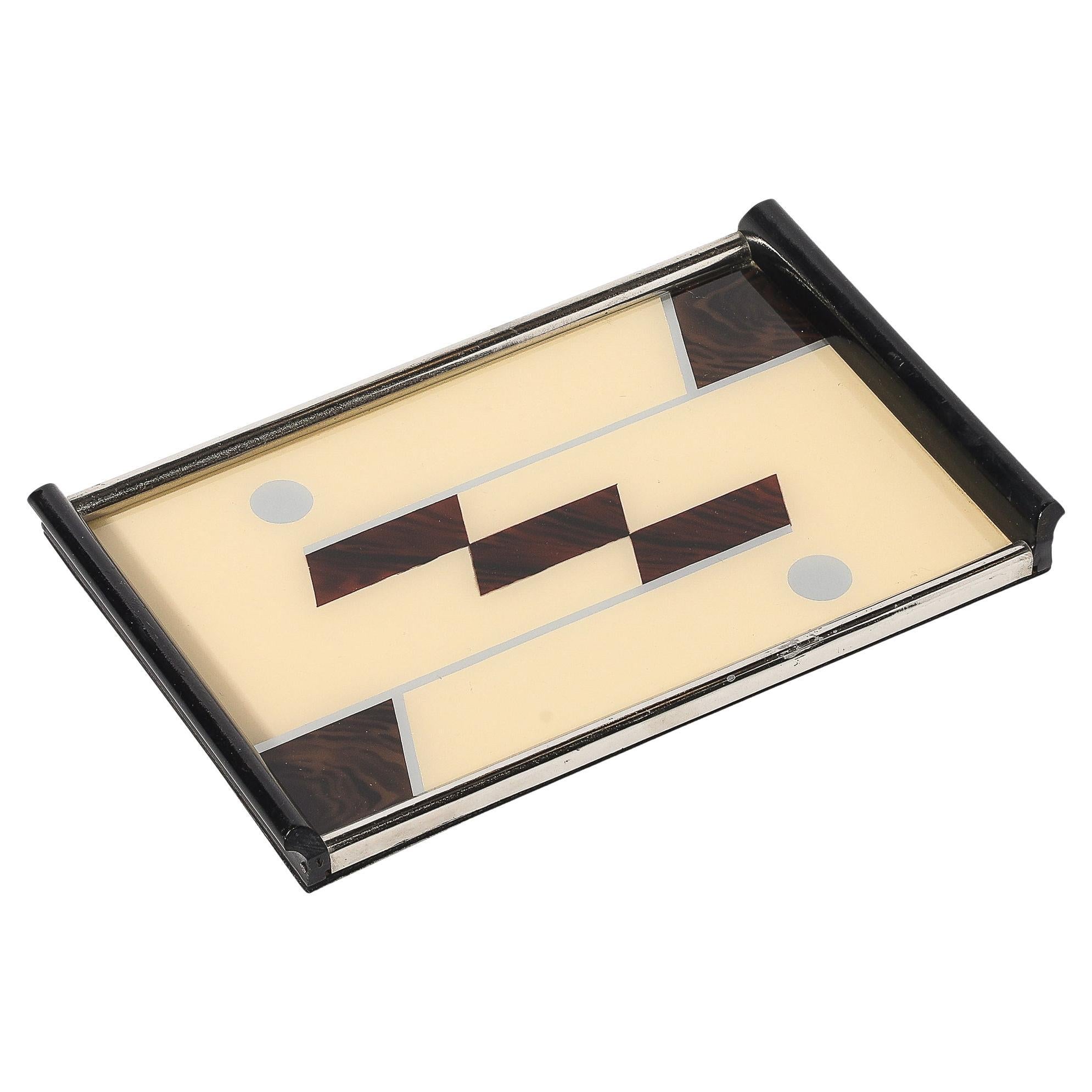 Art Deco Chrome & Eglomise Tray in Cream & Umber with Silvered Linear Detailing