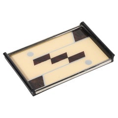 Art Deco Chrome & Eglomise Tray in Cream & Umber with Silvered Linear Detailing