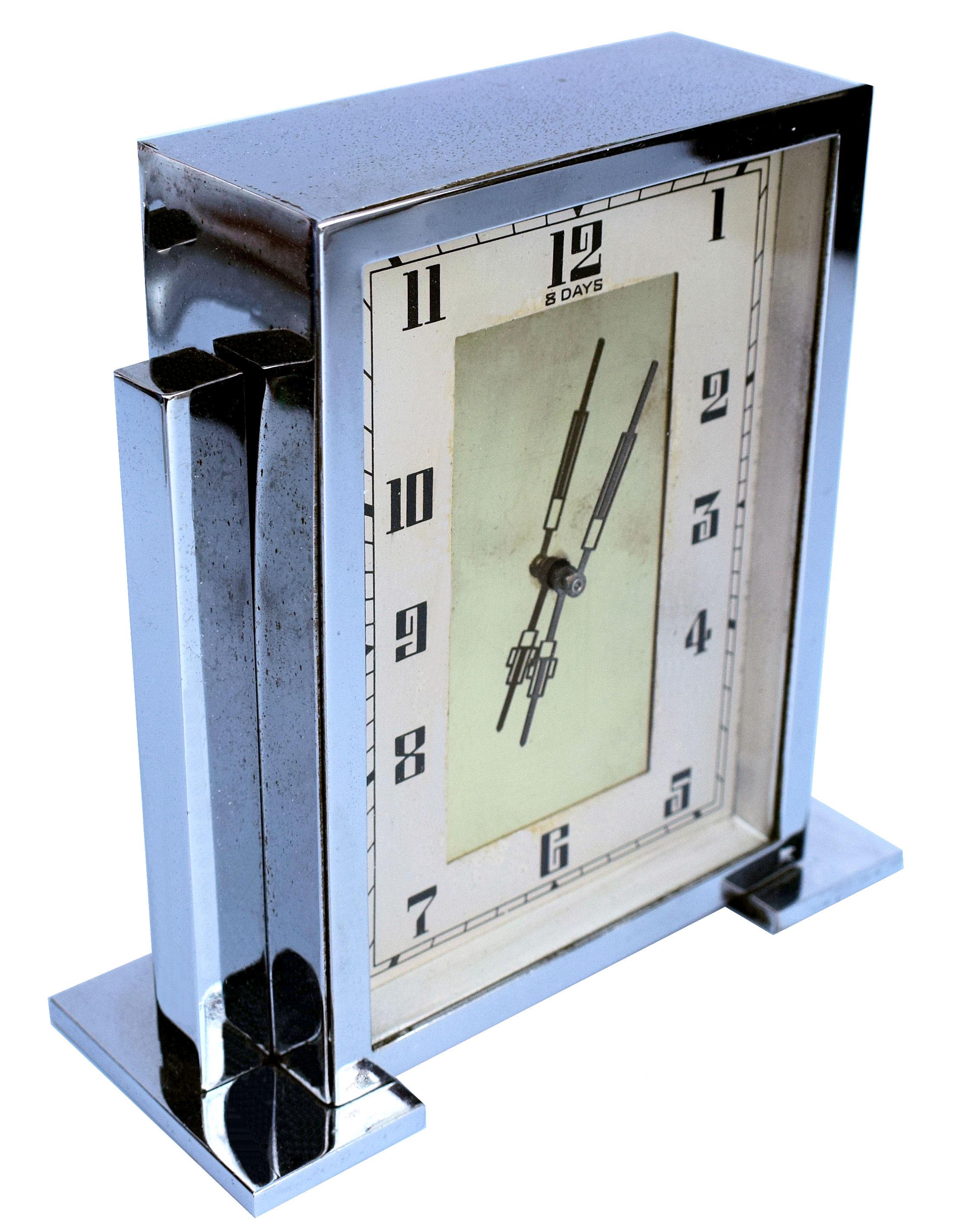 Art Deco Chrome English Mantle Clock, 8 Day, circa 1930 In Good Condition For Sale In Devon, England