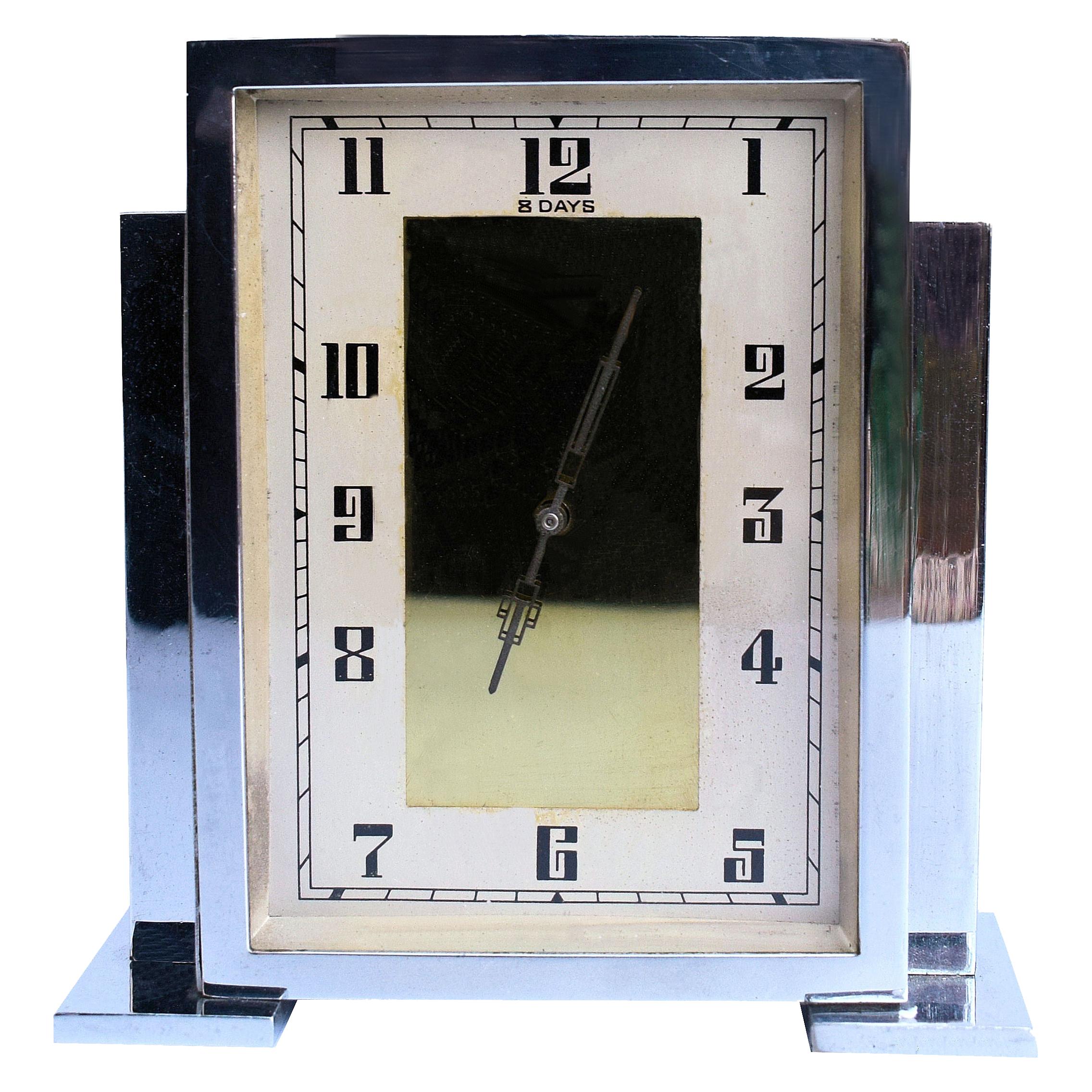 Art Deco Chrome English Mantle Clock, 8 Day, circa 1930