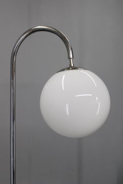 Art Deco Chrome Floor Lamp, Milk Glass Globe, Walnut Base, 1930s Czechoslovakia