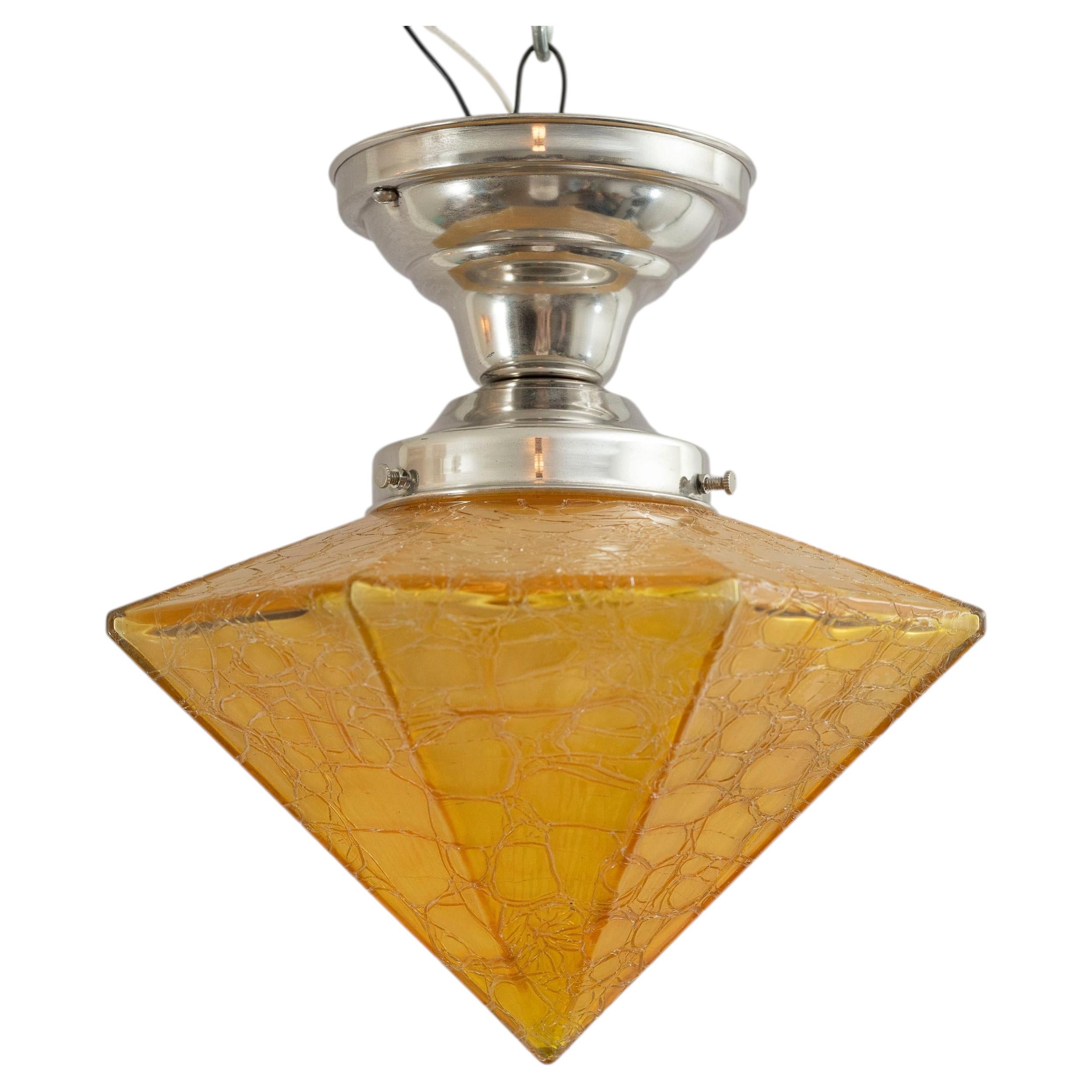 Lampada da incasso in stile Art Déco cromata con paralume originale in vetro craquelé, anni '30 circa