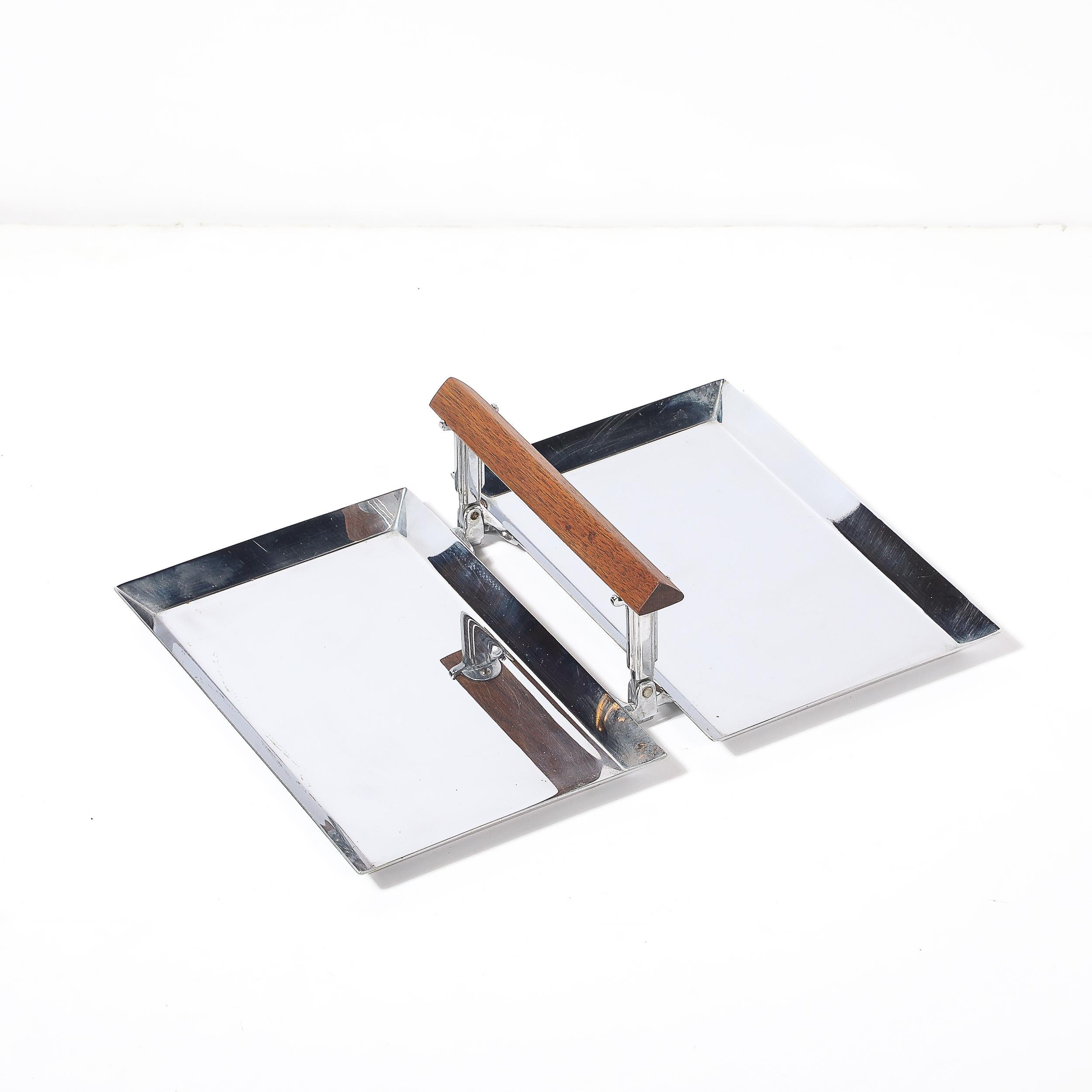 American Art Deco Chrome Folding Tray with Triangular Walnut Handle For Sale