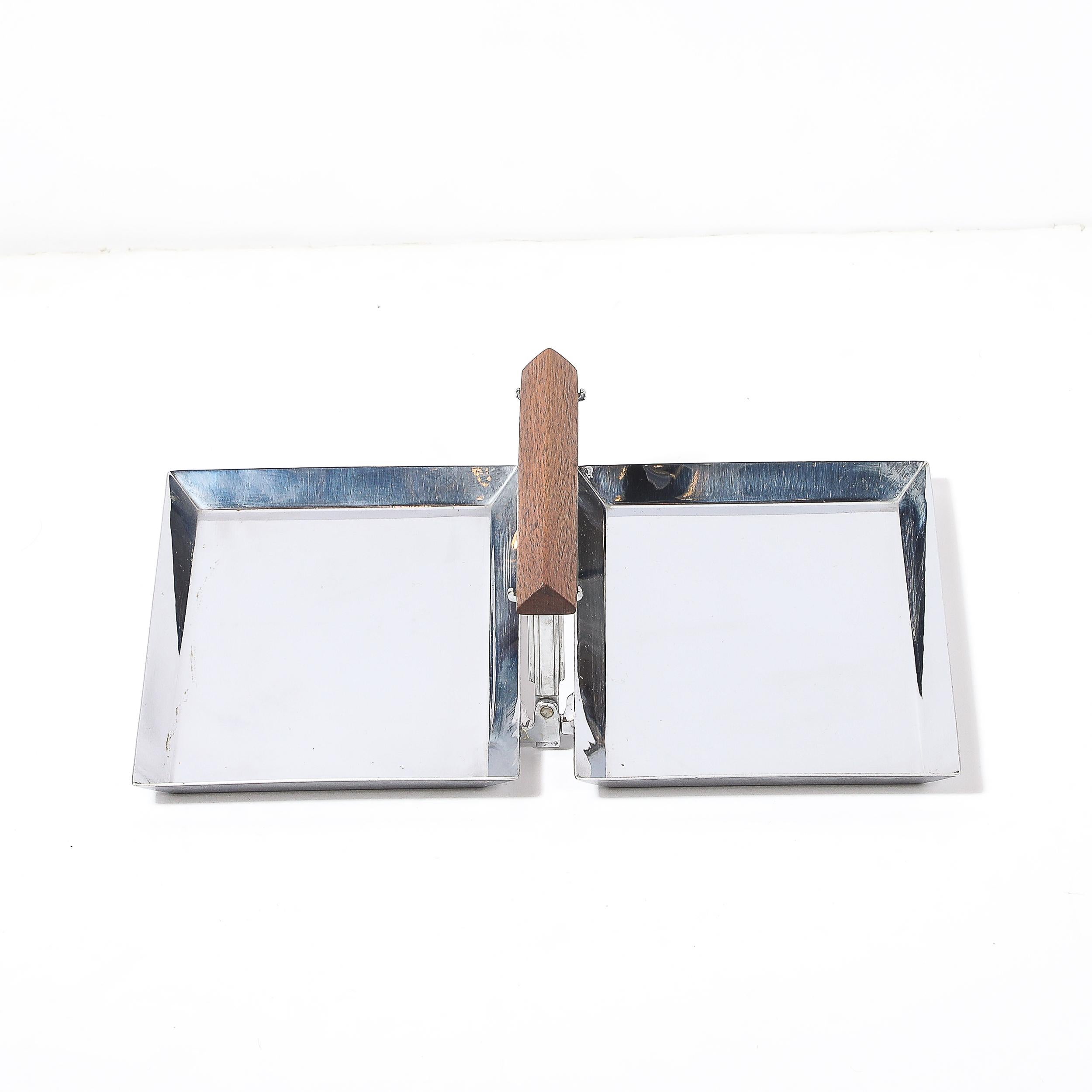 Art Deco Chrome Folding Tray with Triangular Walnut Handle In Excellent Condition For Sale In New York, NY